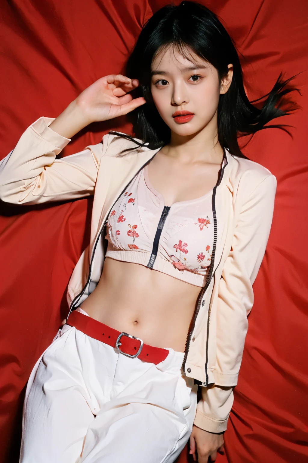 Real photo of a  Korean girl with fair skin and beauty lying on her back on a red bed , Her entire body faces the camera, both arms straight up and both legs straight down,wearing a red short sports bra with a calm Kelvin pattern and red panties with a calm Kelvin pattern , wearing a sports jacket, small navel, wearing white glasses, wearing a white belt on his pants , wearing a white flower headband, his gaze looks into the camera, the area around the navel is wide, sexual facial expression with closed eyes, with raising both eyebrows and flushed cheeks and mouth saying "Ah", furrowing her brow  




