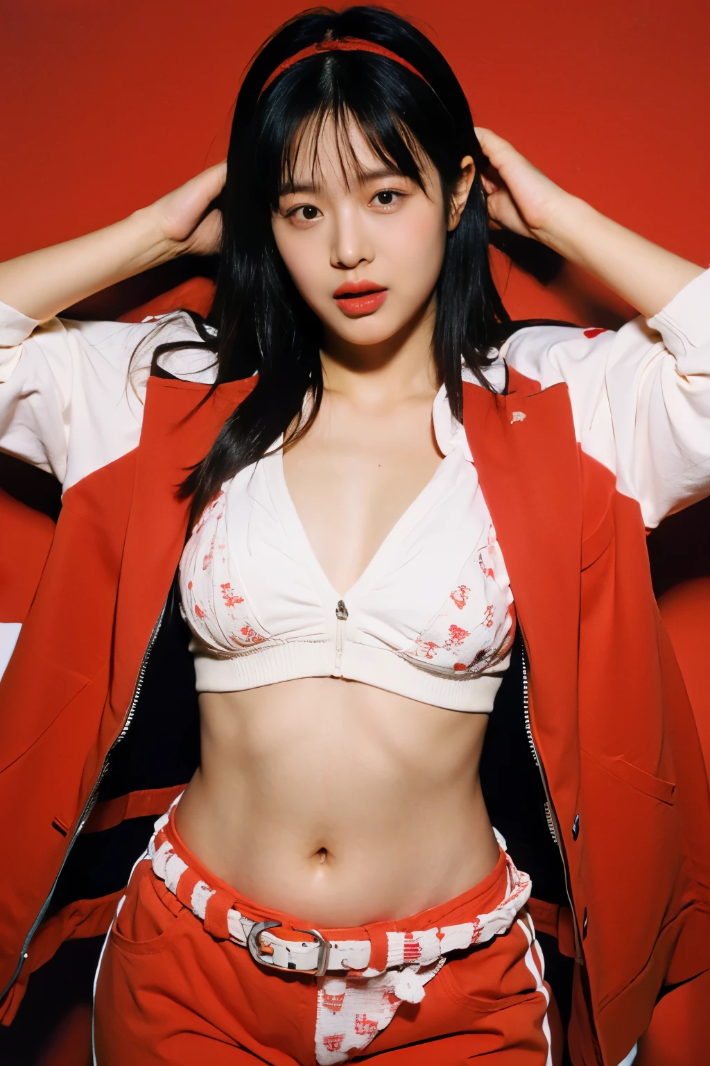 Real photo of a  Korean girl with fair skin and beauty lying on her back on a red bed , show off boobs, flash boobs, medium breast, nipple detailed, Her entire body faces the camera, both arms straight up and both legs straight down,wearing a red short sports bra with a calm Kelvin pattern and red panties with a calm Kelvin pattern , wearing a sports jacket, small navel, wearing white glasses, wearing a white belt on his pants , wearing a white flower headband, his gaze looks into the camera, the area around the navel is wide, sexual facial expression with closed eyes, with raising both eyebrows and flushed cheeks and mouth saying "Ah", furrowing her brow  




