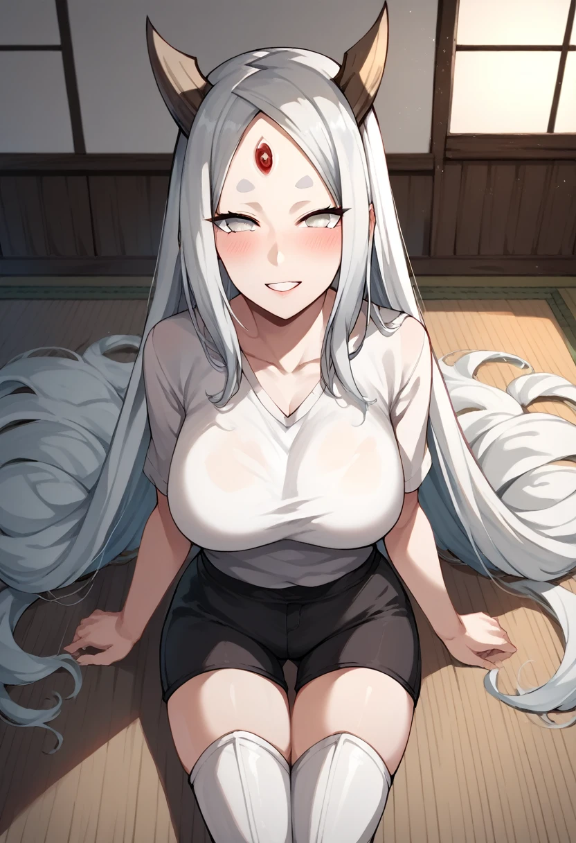 score_9, score_8_up, score_7_up, score_6_up, score_5_up, score_4_up, source_anime, 1girl, 1girl, solo, kaguya, blush, smile, mature female, white eyes, long hair, absurdly long hair, horns, big breast, pale skin,white short eyebrows, white shirt, black shorts, thigh high boots, floating hair, from above, looking at viewer, room, best quality, best res, 4K UHD,
 