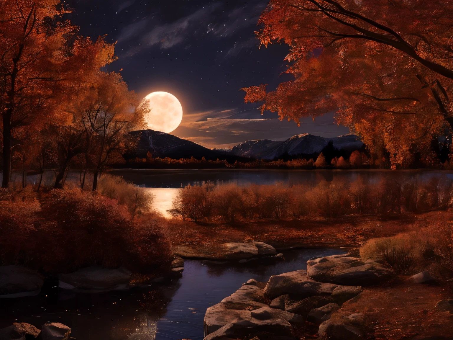 An autumn landscape, on a cold night, with very little light, Partly cloudy sky illuminated by a full moon, maple trees, ((fox drinking water from a lake))