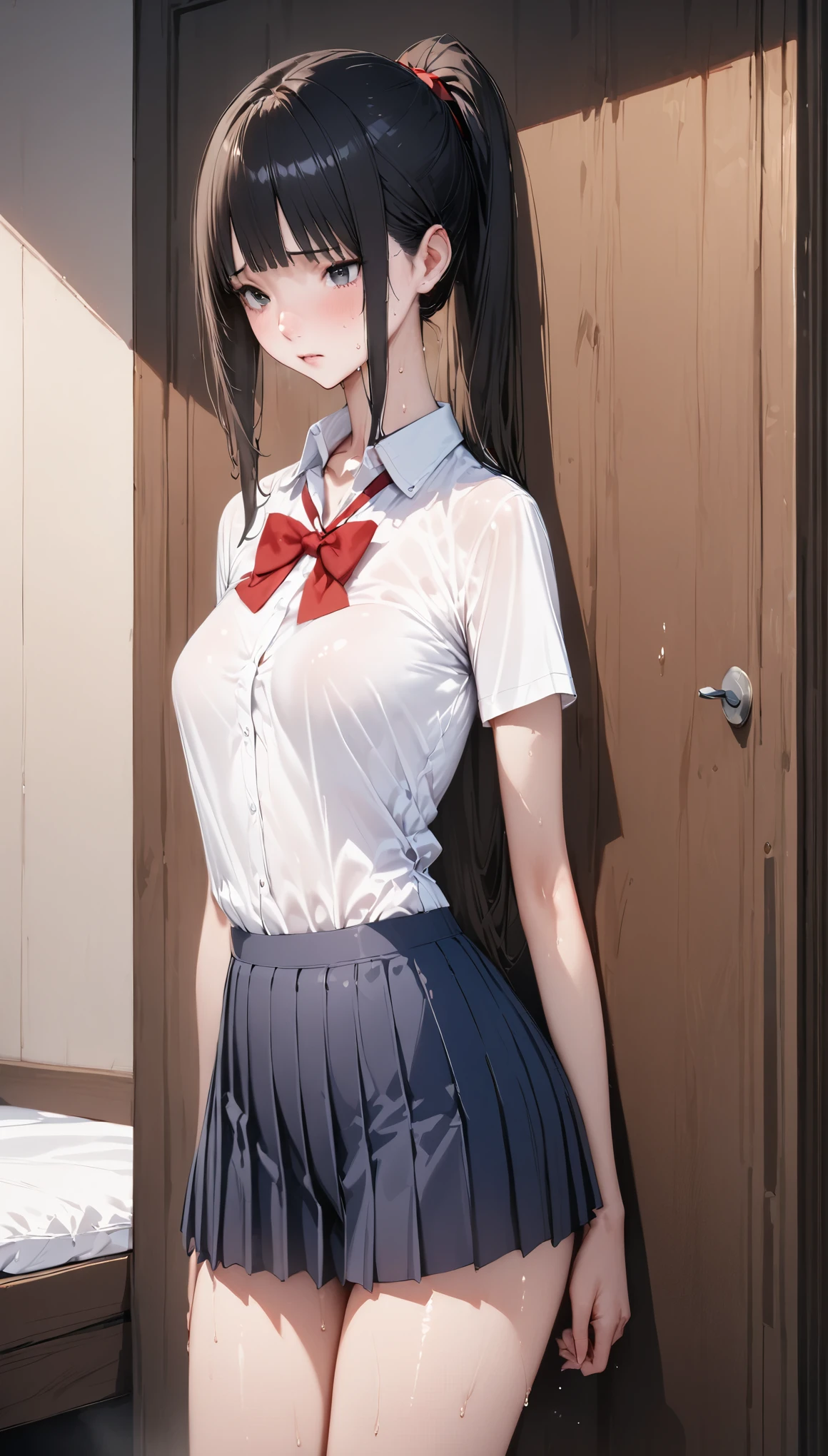 Best Quality,masterpieces,highres,absurdres,ultra-detailed,extremely detailed,official art,CG Unified 8K wallpaper,good lighting,illustrations,exquisite detail,exquisite rendering,
1girl,higashiyama kobeni,black hair,hair ornament,solo,mole,mole under mouth,looking at viewer,shirt,hairclip,heart,white shirt,collared shirt,short ponytail,chain,open mouth,waving,