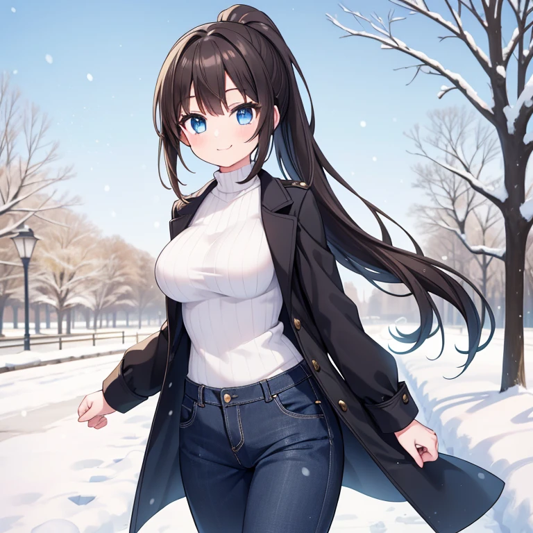 Masterpiece, best quality, high quality, high res, 1girl, Solo, has Brown ponytail hair, has Blue eyes, detailed and beautiful eyes, has slim body and medium breasts, beautiful face, wears Black coat with farmer pants, Smile, Winter season, snow on the ground, walking in the Park, sunny day