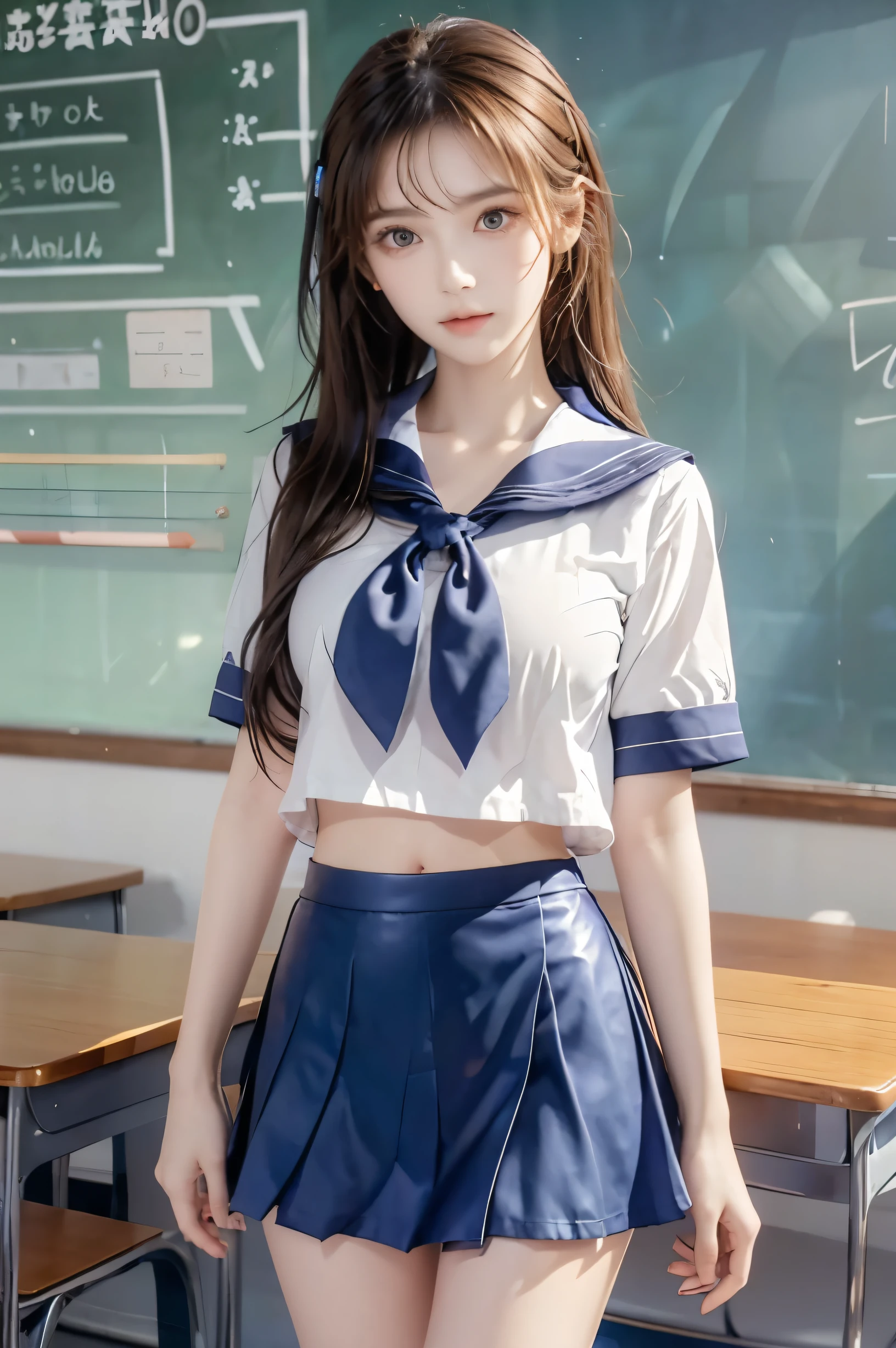 (Ultra HD), (Looking at me), (Short-sleeved sailor uniform, Navy blue mini skirt), Big Breasts, Super beautiful breasts, Slender, (Thin legs:1.2), (Thin thighs:1.2), (Thin Hips:1.4), (Beautiful Skin, Shiny skin, White skin), (Super slim face, Super beautiful face, No makeup, Smile:0.6), (Light Brown Hair, Semi-long, Layered Cut, Fluffy hair), (Big eyes:1.3, High corners of the eyes:1.6, double eyelid), (Thin eyebrows:0.1), (Small Nose:0.6), (Thin lips:0.6), Beautiful Hands, Empty-handed, Standing, School classroom