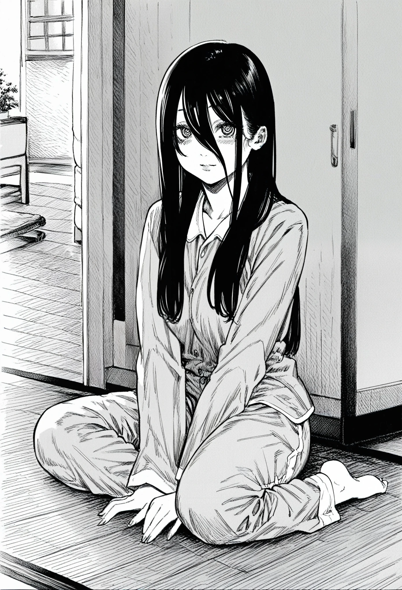 score_9, Score_8_up, Score_7,detailed,
greyscale, monochrome, , hirune  style, 1girl, nayuta csm, black hair, ringed eyes, long hair, hair between eyes, monochrome, sitting, on floor, tatami, indoors, pajamas, looking at viewer,