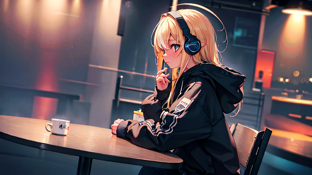 1 girl, night cafe, night cityscape through window, side profile, casual clothes, hoodie, headphones, studying alone, sitting on chair, closed mouth, anatomically correct, (best quality,4k,8k,highres,masterpiece:1.2),ultra-detailed,(realistic,photorealistic,photo-realistic:1.37),HDR,UHD,studio lighting,ultra-fine painting,sharp focus,physically-based rendering,extreme detail description,professional,vivid colors,bokeh,interior table