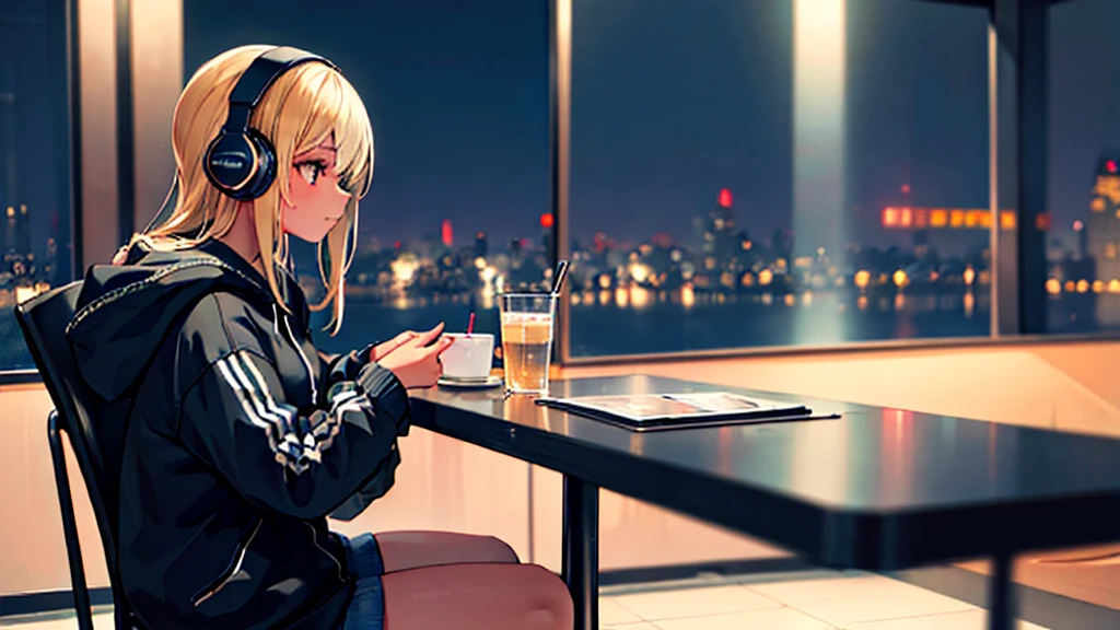 1 girl, night cafe, night cityscape through window, side profile, casual clothes, hoodie, headphones, studying alone, sitting on chair, closed mouth, anatomically correct, (best quality,4k,8k,highres,masterpiece:1.2),ultra-detailed,(realistic,photorealistic,photo-realistic:1.37),HDR,UHD,studio lighting,ultra-fine painting,sharp focus,physically-based rendering,extreme detail description,professional,vivid colors,bokeh,interior table