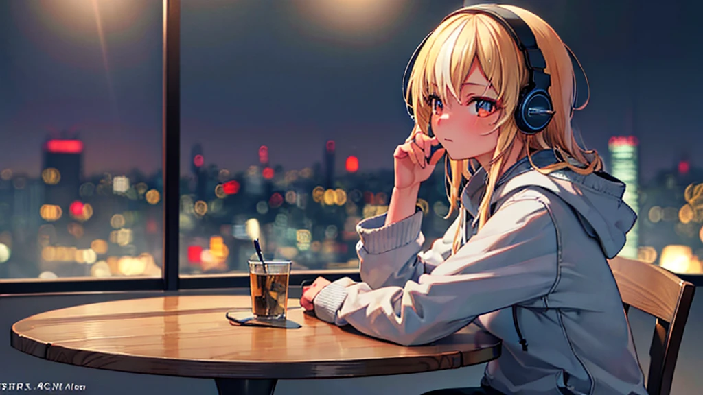 1 girl, night cafe, night cityscape through window, side profile, casual clothes, hoodie, headphones, studying alone, sitting on chair, closed mouth, anatomically correct, (best quality,4k,8k,highres,masterpiece:1.2),ultra-detailed,(realistic,photorealistic,photo-realistic:1.37),HDR,UHD,studio lighting,ultra-fine painting,sharp focus,physically-based rendering,extreme detail description,professional,vivid colors,bokeh,interior table