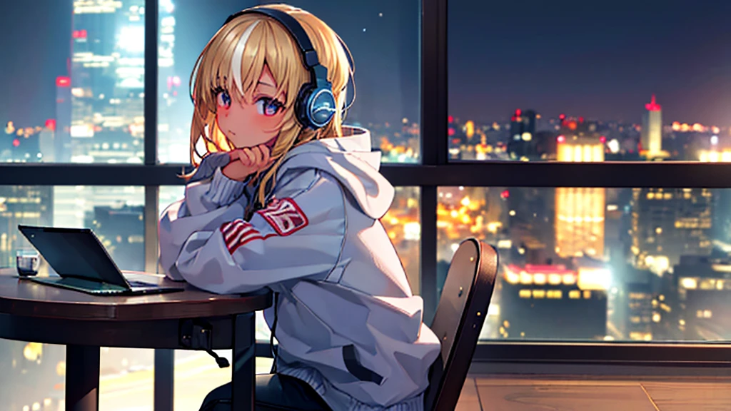 1 girl, night cafe, night cityscape through window, side profile, casual clothes, hoodie, headphones, studying alone, sitting on chair, closed mouth, anatomically correct, (best quality,4k,8k,highres,masterpiece:1.2),ultra-detailed,(realistic,photorealistic,photo-realistic:1.37),HDR,UHD,studio lighting,ultra-fine painting,sharp focus,physically-based rendering,extreme detail description,professional,vivid colors,bokeh,interior table