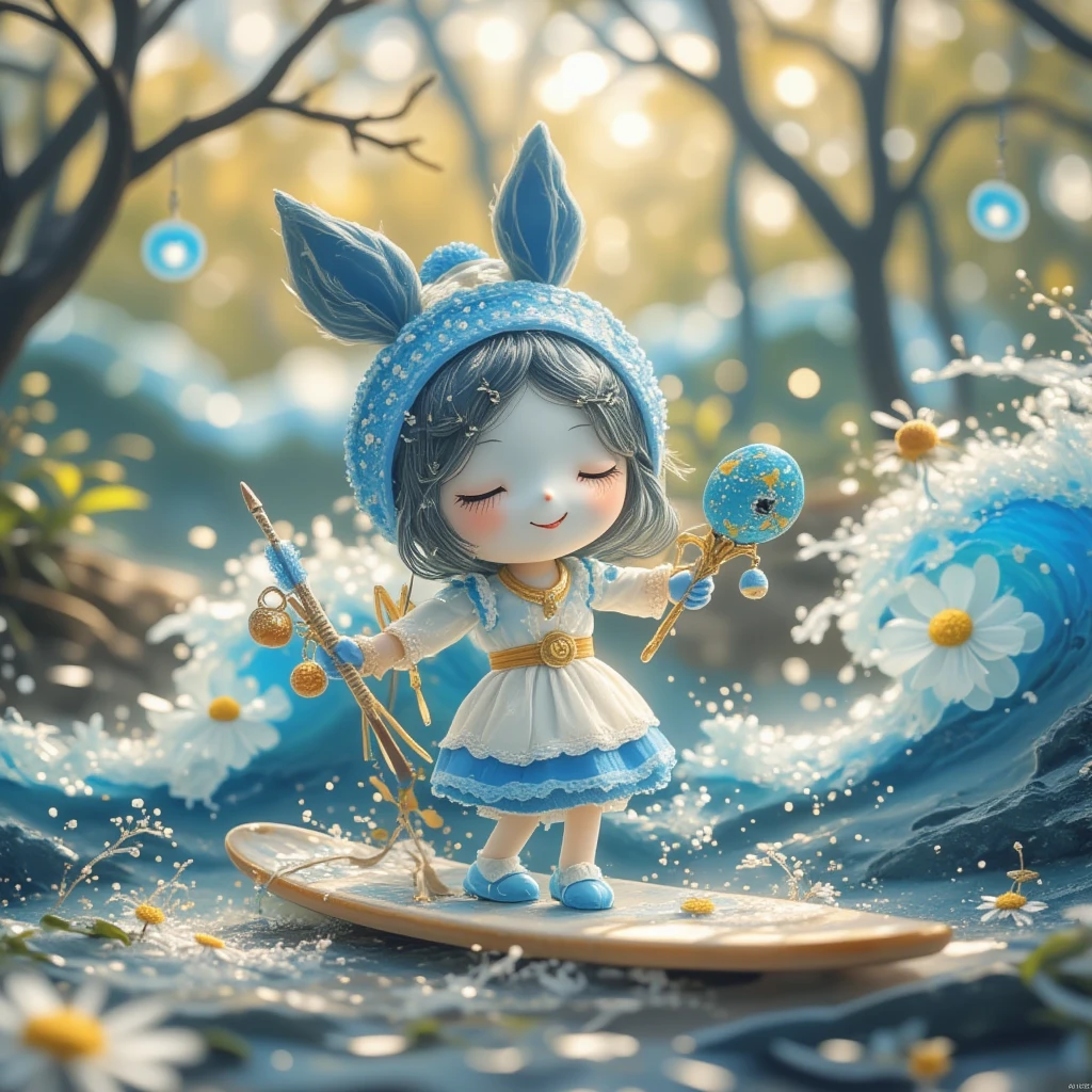 Ink painting style，A cute blue and white rabbit，Holding painting tools as weapons，Smiley Face，surfboard，Sing，wave，Dynamic，SeaArt