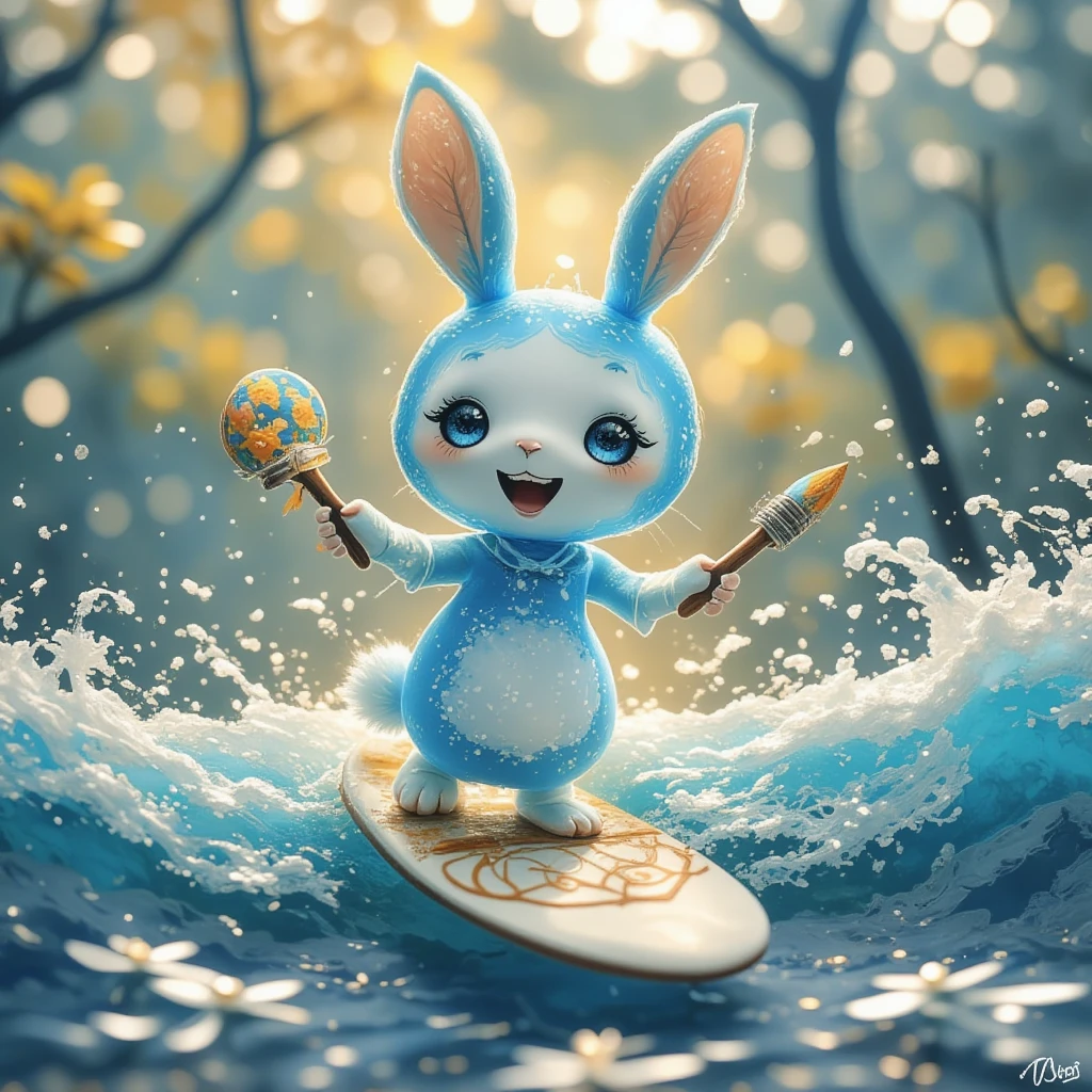 Ink painting style，A cute blue and white rabbit，Holding painting tools as weapons，Smiley Face，surfboard，Sing，wave，Dynamic，SeaArt