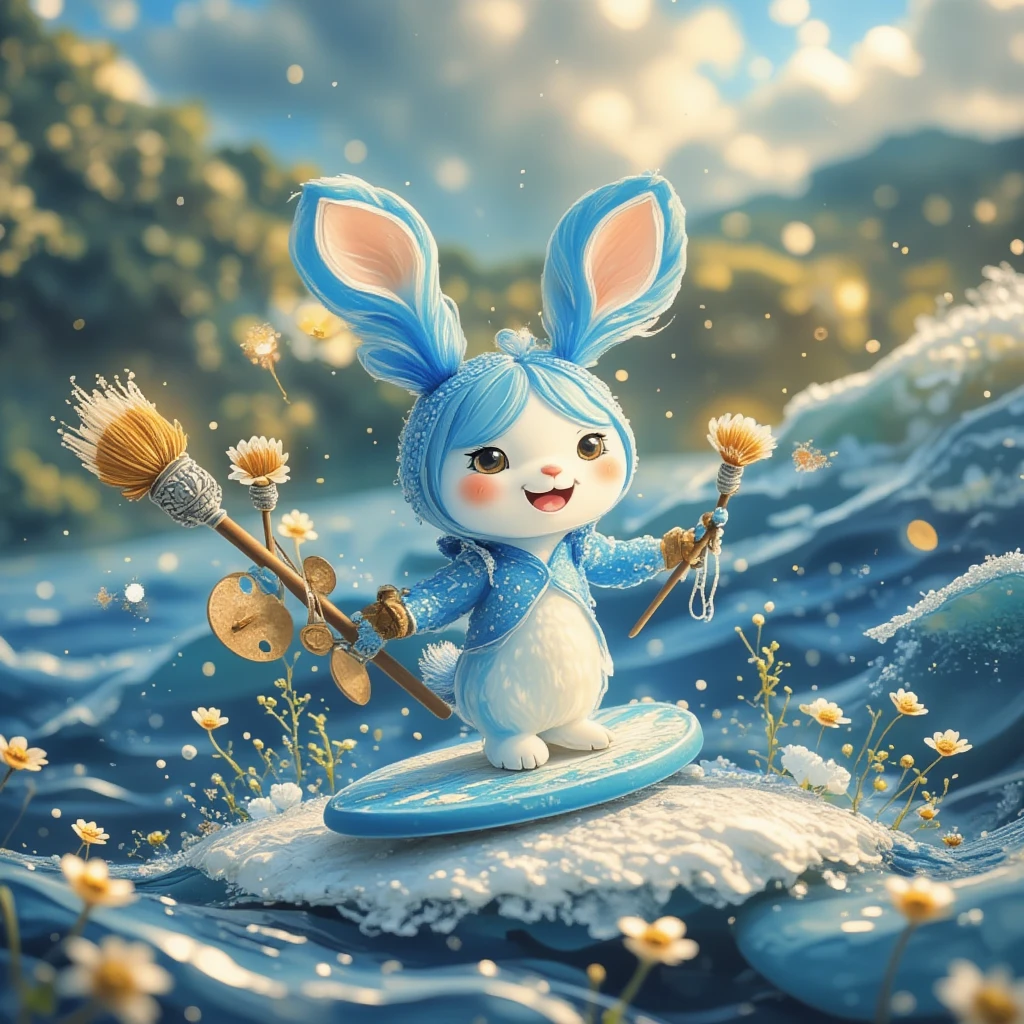 Ink painting style，A cute blue and white rabbit，Holding painting tools as weapons，Smiley Face，surfboard，Sing，wave，Dynamic，SeaArt