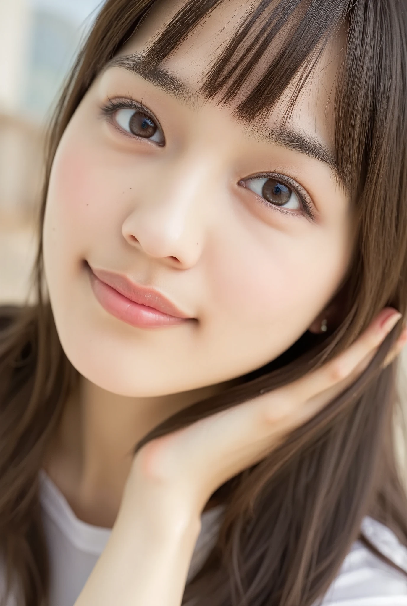 32K, Masterpiece, masterpiece, Realistic, Very detailed,  photograph, High resolution, A face that Japanese men really like., Smoother light, official art, Written boundary depth, Bright light, close, Detailed face, smile, Beautiful details in the eyes, 19 year old Korean, cute, real texture skin, T-Shirts,