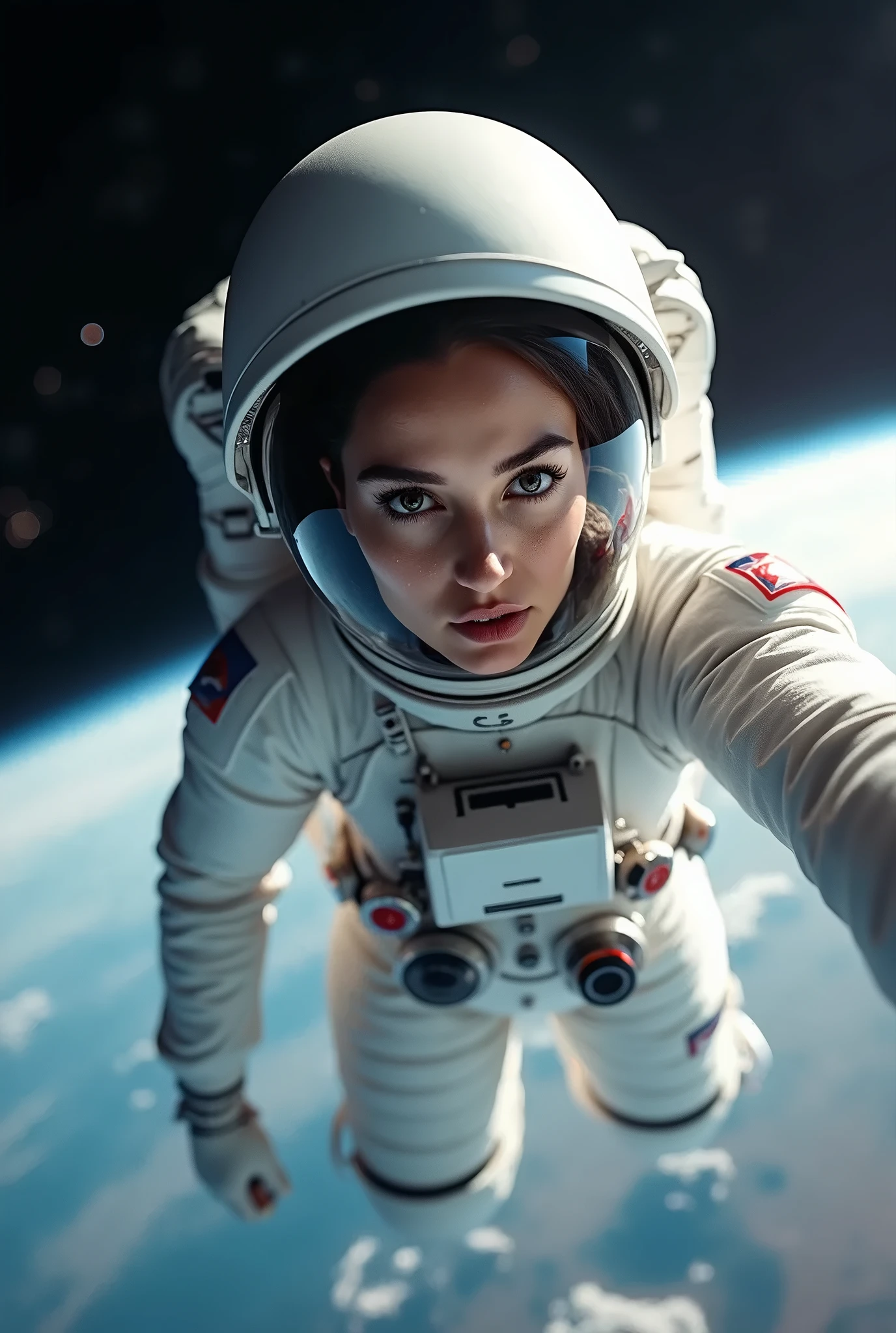 arafed astronaut in a space suit sitting in a space station, piloting a small space shuttle, wearing a spacesuit and helmet, wear spacesuits, in spacesuit, fully space suited, photo still, with a space suit on, an astronaut giving a peace sign, woman astronaut, stunning image, wearing a space suit, spacesuit, an astronaut in space