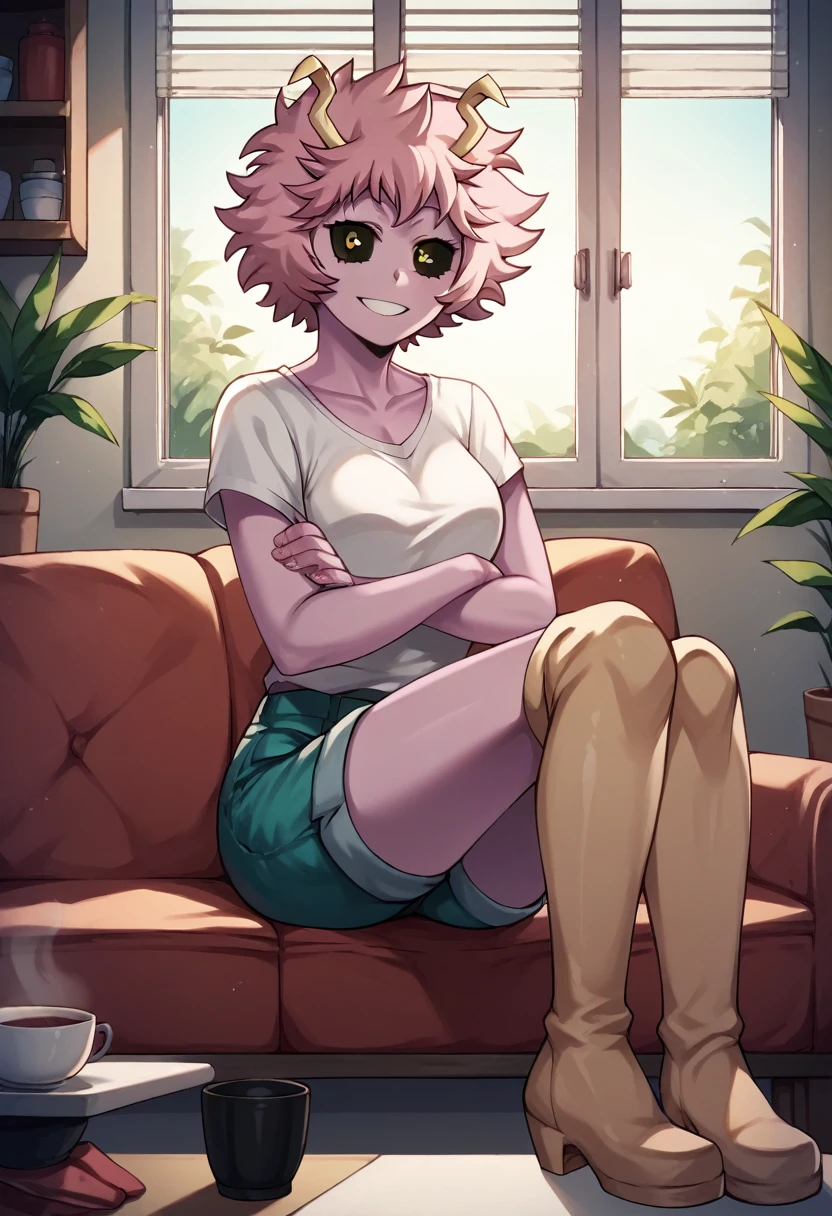 score_9, score_8_up, score_7_up, score_6_up, score_5_up, score_4_up, source_anime, 1girl, worth, mina ashido, smile, 1girl, solo, pink hair, default hair, messy hair, black eyeball, yellow eyes, pink skin, white shirt, shorts, black thigh high boots, looking at the viewer, crossed arms, rooms, kitchen, sofa, sit, long window, evening, apartment, best quality, best res, 4K UHD,
 