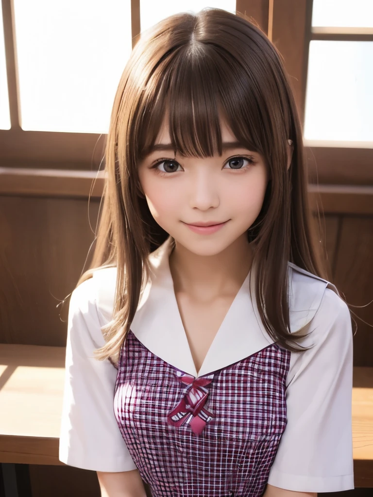 (highest quality, 4k, 8K, High resolution, Tabletop:1.2), Super detailed, Realistic:1.37, Light brown hair, Semi-long hair, Asymmetrical bangs, high school girl, Sailor suit, Purple and pink checkered micro mini pleated skirt, Super super slender body, Shy and cute face, A very happy smile