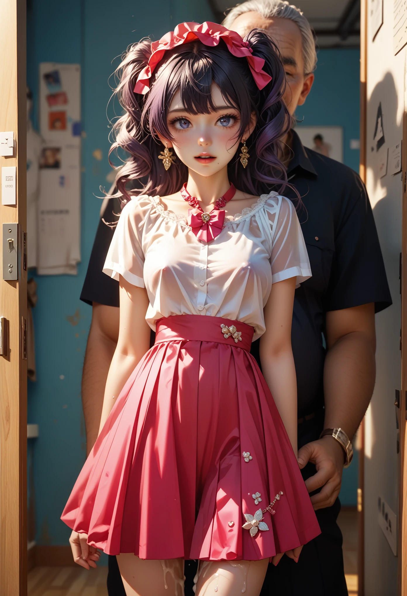 score_9, score_8_up, score_7_up, A cute korean age girl is on a date with a fat old man. The girl and the man have sex. The girl has idol hair, the girl has white skin, she is wearing a very see-through idol-style mini skirt dress, the man is wearing a dirty T-shirt, she is wearing idol dress, Modern Korea, after sex, backstage, dog-style, (She has a disgusted look on her face:0.5), (open clothing:0.5),
