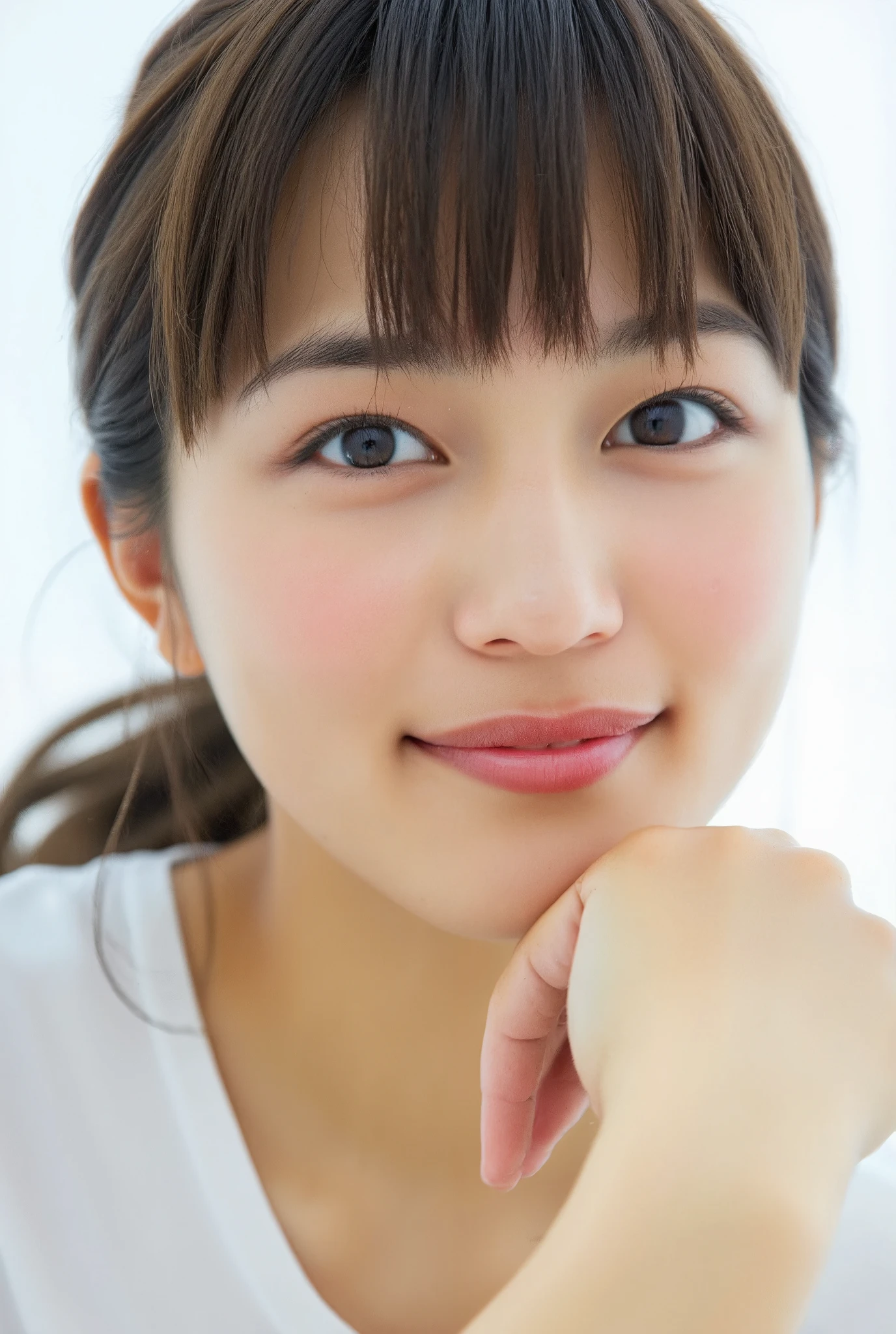 32K, Masterpiece, masterpiece, Realistic, Very detailed,  photograph, High resolution, A face that Japanese men really like., Smoother light, official art, Written boundary depth, Bright light, close, Detailed face, smile, Beautiful details in the eyes, 19 year old Korean, cute, real texture skin, T-Shirts,