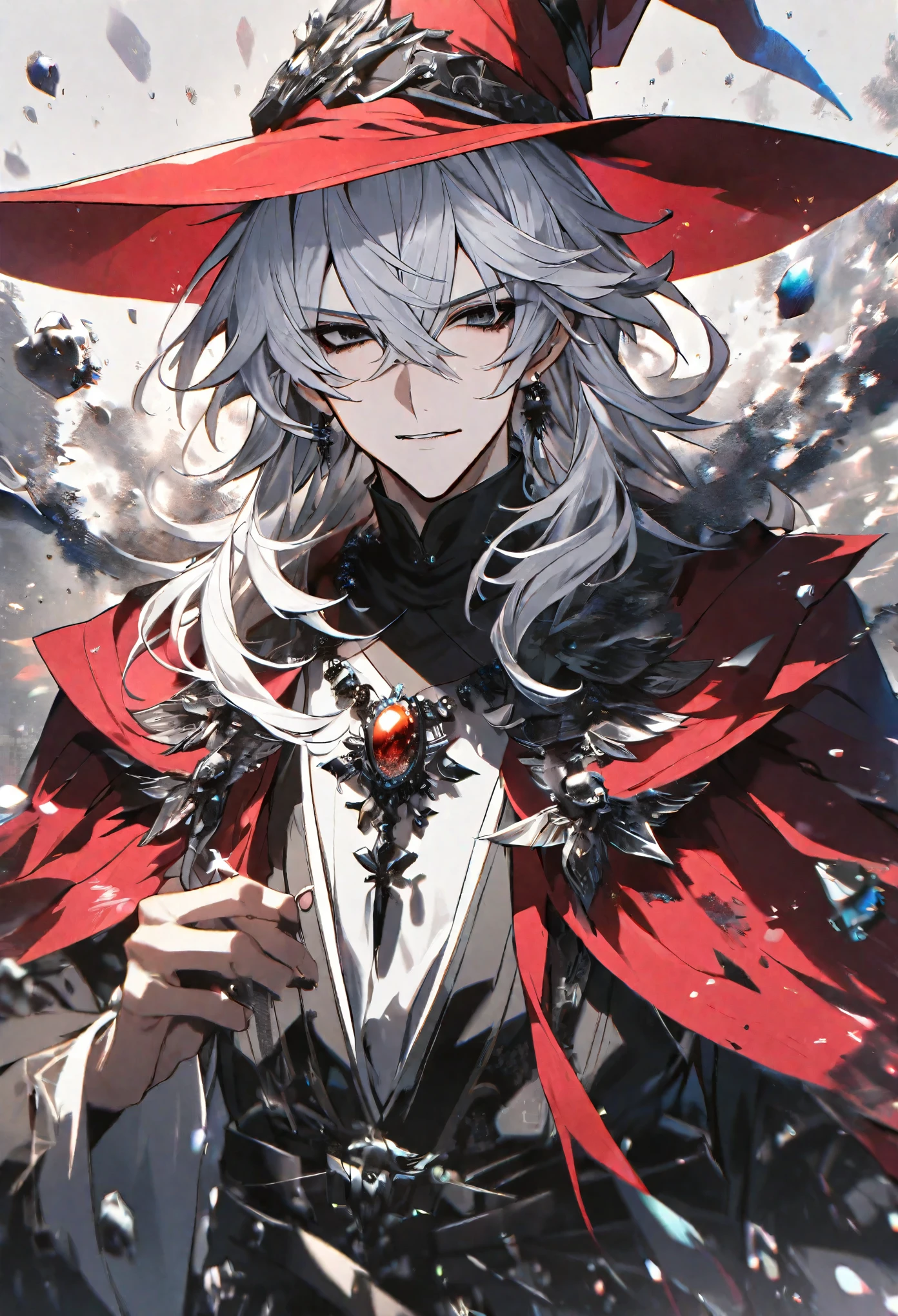 Solo, 1 male, medium white hair, black eyes, white shirt, black crystal necklace, red cloak, red point hat, wizard