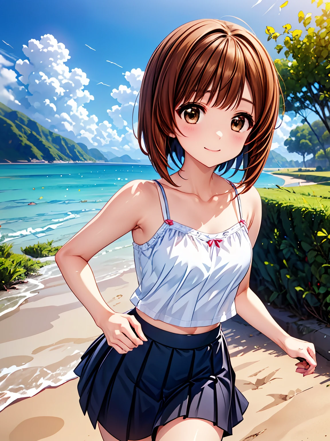 最High image quality, High image quality, High resolution, (Anime illustration style)、Nishizumi、Bobcut、Beautiful brown hair、Very detailed、beach、stroll,(camisole、skirt:1.3),　最High image quality、smile、(running:1.5),Flowing Background:1.3、4Ｋ，8Ｋ,(Genuine、Genuine志向、写真Genuine志向:1.5）、High resolution、超High resolution、Ultra High Definition Painting、whole body、ロングskirt、Cowboy Shot