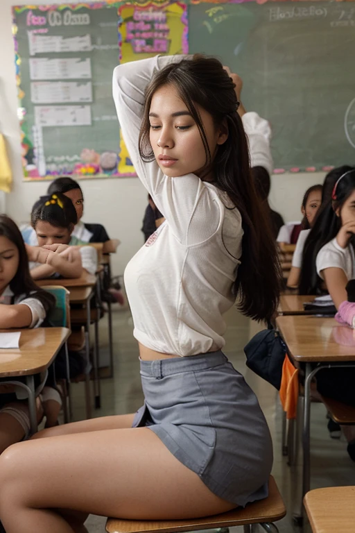 An Indonesian high school girl is fast asleep in her classroom., many of whom are taking lessons,  a beautiful girl with a slim body, about , wearing a long-sleeved white shirt and a gray skirt for high school students in Indonesia, she fell asleep soundly while sitting weakly with her legs spread very wide on her classroom chair so that her panties were clearly visible and her skirt was lifted up., her panties are thin and see-through,  both of his arms hung limply, his head drooped weakly back, his mouth gaped, very realistic, very detailed, natural, 