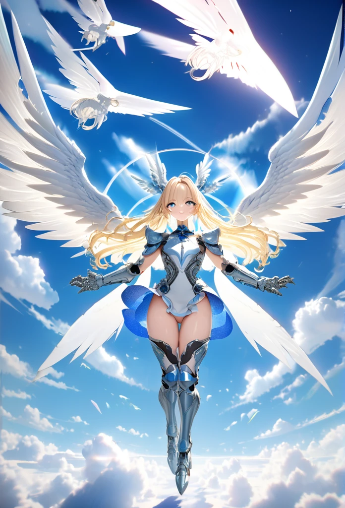 (((8k,masterpiece,Best Quality))), Highly detailed CG synthesis，Maxi Kit, whole body, Wide Shot,break、(((Cute angel flying in the blue sky))), Fantasy, Big angel wings, ,(blonde:1.6)，眩しいハイライトが入ったblondeの髪、Shiny bright hair, ,Long Hair,,Twin tails、Detailed face，Attractive big blue eyes，Shining fine eyes，Charming smile，Beautiful Skin，Lens Flare,A girl with angel wings and a sword, Angel Knight Girl,Beautiful angel witch, Highly detailed Artgerm, Detailed digital 3D art（（Ultra-realistic, Vivid 3D））， Dragon Warrior Girl，Dynamic action poses for battle scenes， Extremely complex and heavy fighter aircraft mechanical armament，Vice President of Lunes,, Single Armor, Decorative blue armor, Armor dress, （Winged Helmet）, Shoulder rest, Gauntlet, Shin guards,（Wields a giant turquoise energy sword:1.3),Very dramatic and cinematic lighting。Beautifully detailed backgrounds, Beautifully detailed backgrounds, (In the blue sky above the clouds 1.3), ((Two big, Shining Wings:1.3),(flight:1.5)