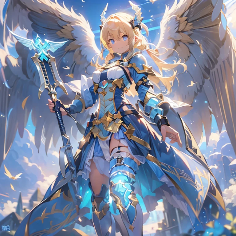 (((8k,masterpiece,Best Quality))), Highly detailed CG synthesis，Maxi Kit, whole body, Wide Shot,break、(((Cute angel flying in the blue sky))), Fantasy, Big angel wings, ,(blonde:1.6)，眩しいハイライトが入ったblondeの髪、Shiny bright hair, ,Long Hair,,Twin tails、Detailed face，Attractive big blue eyes，Shining fine eyes，Charming smile，Beautiful Skin，Lens Flare,A girl with angel wings and a sword, Angel Knight Girl,Beautiful angel witch, Highly detailed Artgerm, Detailed digital 3D art（（Ultra-realistic, Vivid 3D））， Dragon Warrior Girl，Dynamic action poses for battle scenes， Extremely complex and heavy fighter aircraft mechanical armament，Vice President of Lunes,, Single Armor, Decorative blue armor, Armor dress, （Winged Helmet）, Shoulder rest, Gauntlet, Shin guards,（Wields a giant turquoise energy sword:1.3),Very dramatic and cinematic lighting。Beautifully detailed backgrounds, Beautifully detailed backgrounds, (In the blue sky above the clouds 1.3), ((Two big, Shining Wings:1.3),(flight:1.5)