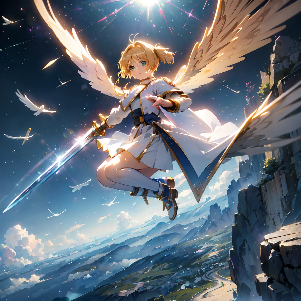 (((8k,masterpiece,Best Quality))), Highly detailed CG synthesis，Maxi Kit, whole body, Wide Shot,break、(((Cute angel flying in the blue sky))), Fantasy, Big angel wings, ,(blonde:1.6)，眩しいハイライトが入ったblondeの髪、Shiny bright hair, ,Long Hair,,Twin tails、Detailed face，Attractive big blue eyes，Shining fine eyes，Charming smile，Beautiful Skin，Lens Flare,A girl with angel wings and a sword, Angel Knight Girl,Beautiful angel witch, Highly detailed Artgerm, Detailed digital 3D art（（Ultra-realistic, Vivid 3D））， Dragon Warrior Girl，Dynamic action poses for battle scenes， Extremely complex and heavy fighter aircraft mechanical armament，Vice President of Lunes,, Single Armor, Decorative blue armor, Armor dress, （Winged Helmet）, Shoulder rest, Gauntlet, Shin guards,（Wields a giant turquoise energy sword:1.3),Very dramatic and cinematic lighting。Beautifully detailed backgrounds, Beautifully detailed backgrounds, (In the blue sky above the clouds 1.3), ((Two big, Shining Wings:1.3),(flight:1.5)