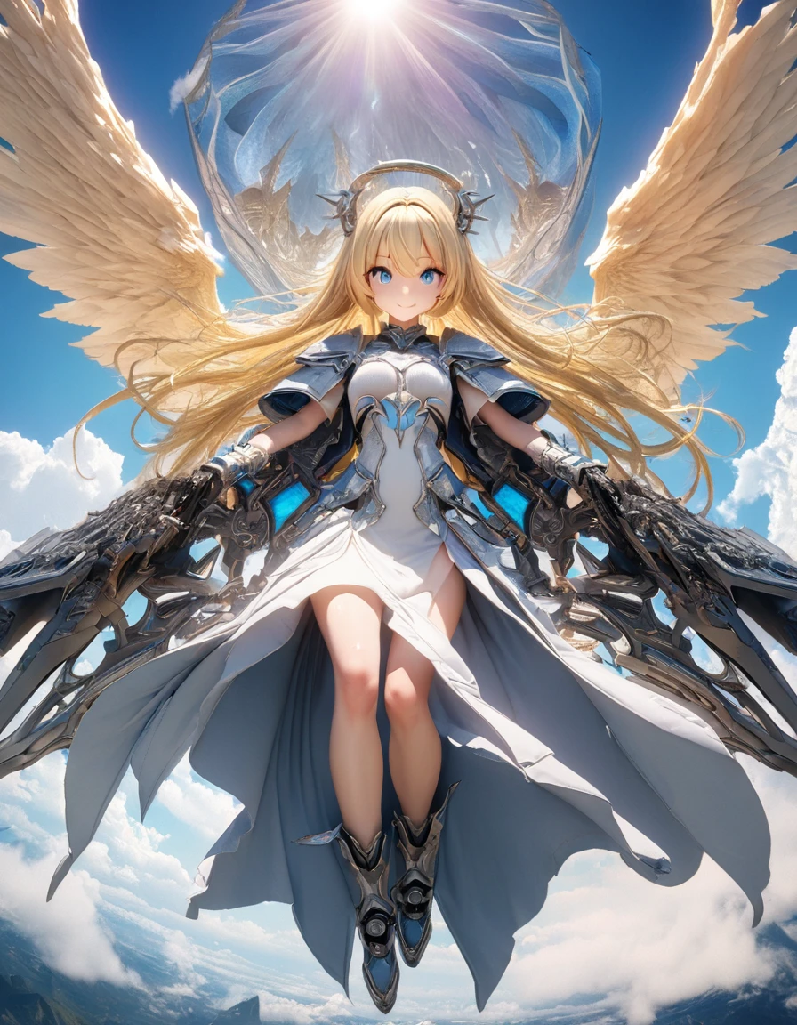 (((8k,masterpiece,Best Quality))), Highly detailed CG synthesis，Maxi Kit, whole body, Wide Shot,break、(((Cute angel flying in the blue sky))), Fantasy, Big angel wings, ,(blonde:1.6)，眩しいハイライトが入ったblondeの髪、Shiny bright hair, ,Long Hair,,Twin tails、Detailed face，Attractive big blue eyes，Shining fine eyes，Charming smile，Beautiful Skin，Lens Flare,A girl with angel wings and a sword, Angel Knight Girl,Beautiful angel witch, Highly detailed Artgerm, Detailed digital 3D art（（Ultra-realistic, Vivid 3D））， Dragon Warrior Girl，Dynamic action poses for battle scenes， Extremely complex and heavy fighter aircraft mechanical armament，Vice President of Lunes,, Single Armor, Decorative blue armor, Armor dress, （Winged Helmet）, Shoulder rest, Gauntlet, Shin guards,（Wields a giant turquoise energy sword:1.3),Very dramatic and cinematic lighting。Beautifully detailed backgrounds, Beautifully detailed backgrounds, (In the blue sky above the clouds 1.3), ((Two big, Shining Wings:1.3),(flight:1.5)