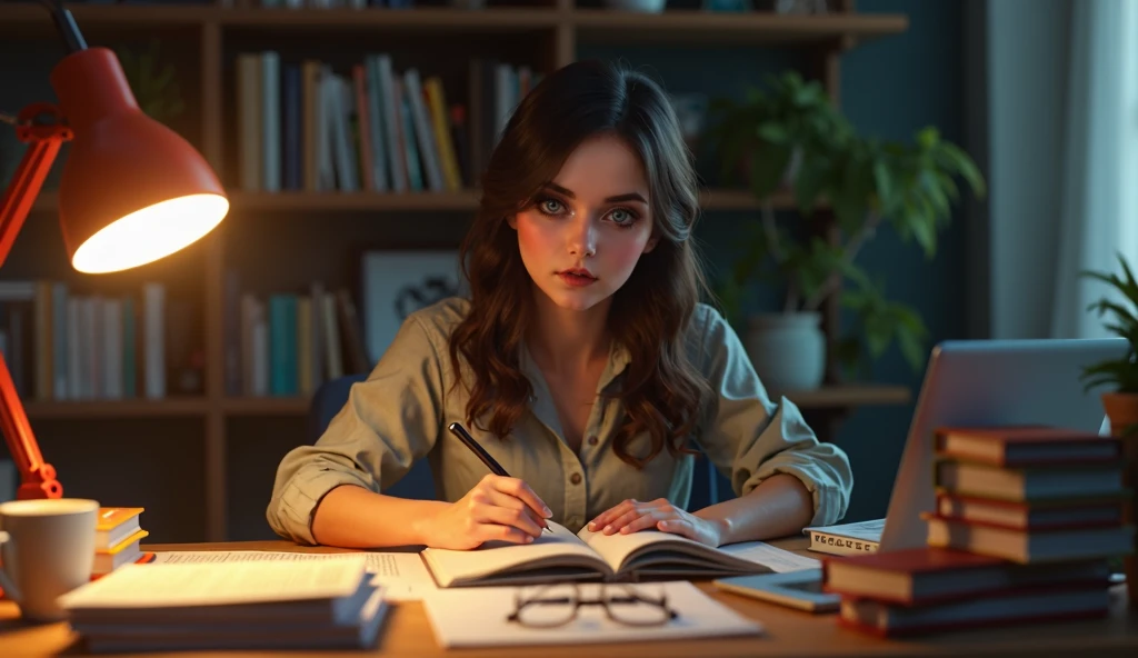Sexy student with glasses, with a low messy ponytail, green eyes, Balkan , in the college dorm at night Studying
