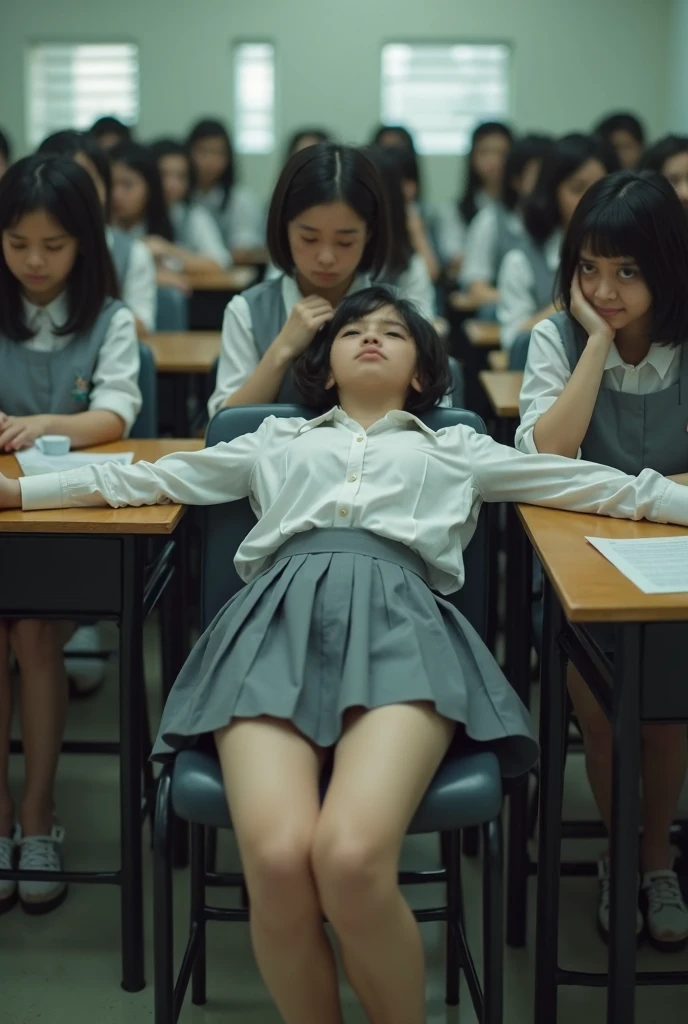 (photorealism:1.2), A 16 year old latina schoolgirl center frame, legs spread and elevated, breathing heavily and her eyes unfocused, her hand tucked underneath the clothing below her stomach massages her barely conceiled and damp pelvic womanhood ontop the teacher's desk facing the class while being stared at by her female peers. The other girls, these female peers, use their hands to firmly grasp, knead and frame the softest parts of their chests with sleepy gazes and mouth open, slack-jawed, vacant expressions suggesting they have been placed into deep hypnotic trance. All of the girls are dressed in catholic school uniforms that are far too small and skirts far too short to successfully provide any appropriate measure of modesty or adequately conceil their every curve and crease.