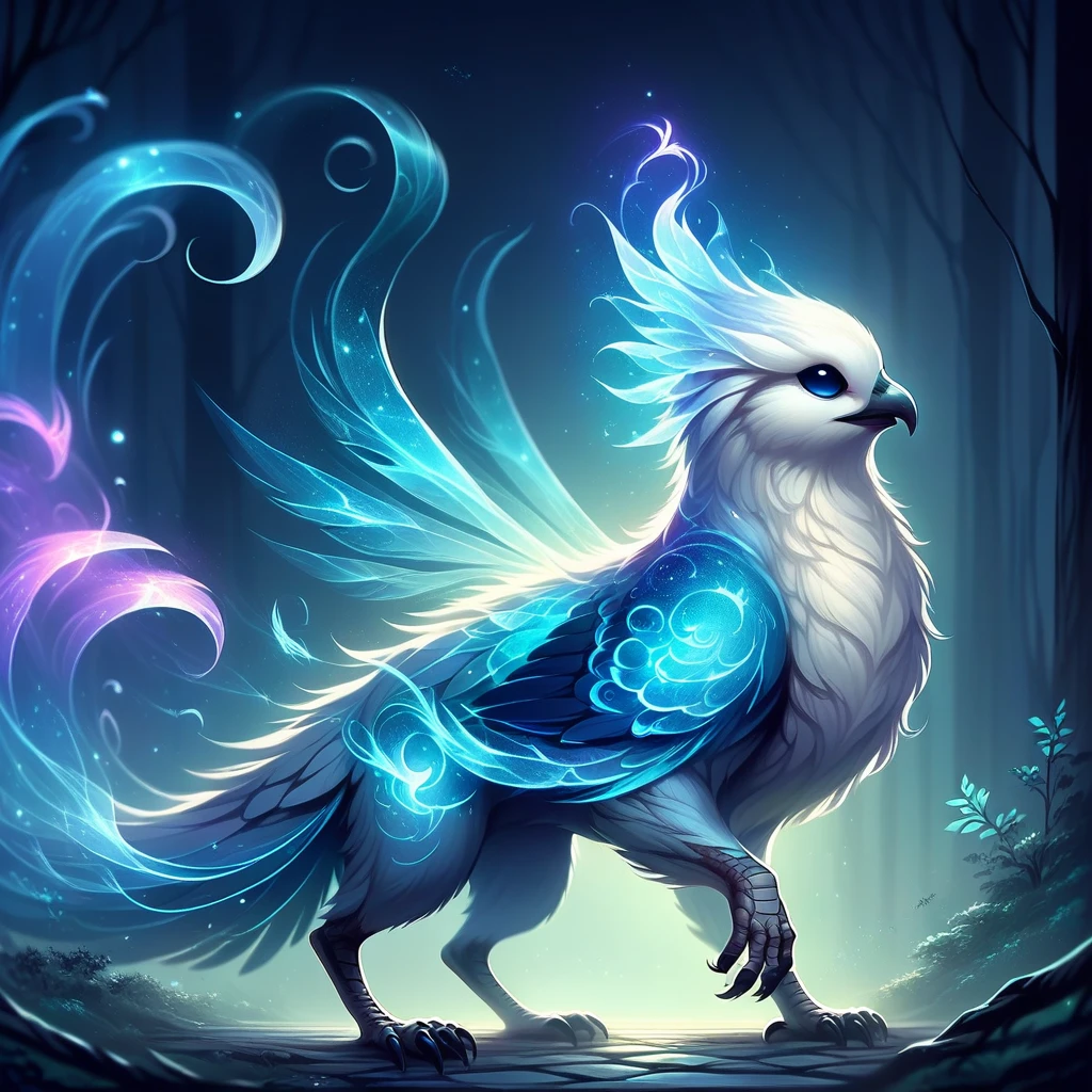 Spirit animal, score_9, score_8_up, score_7_up, score_6_up, score_5_up, score_4_up, ethereal, glowing, no humans, Hyren  that resembles a bird-beaked, wingless creature with four limbs, each armed with three sharp claws. Its has long leaves on parts of its body in place of feathers. Its eyes glow white with power.
