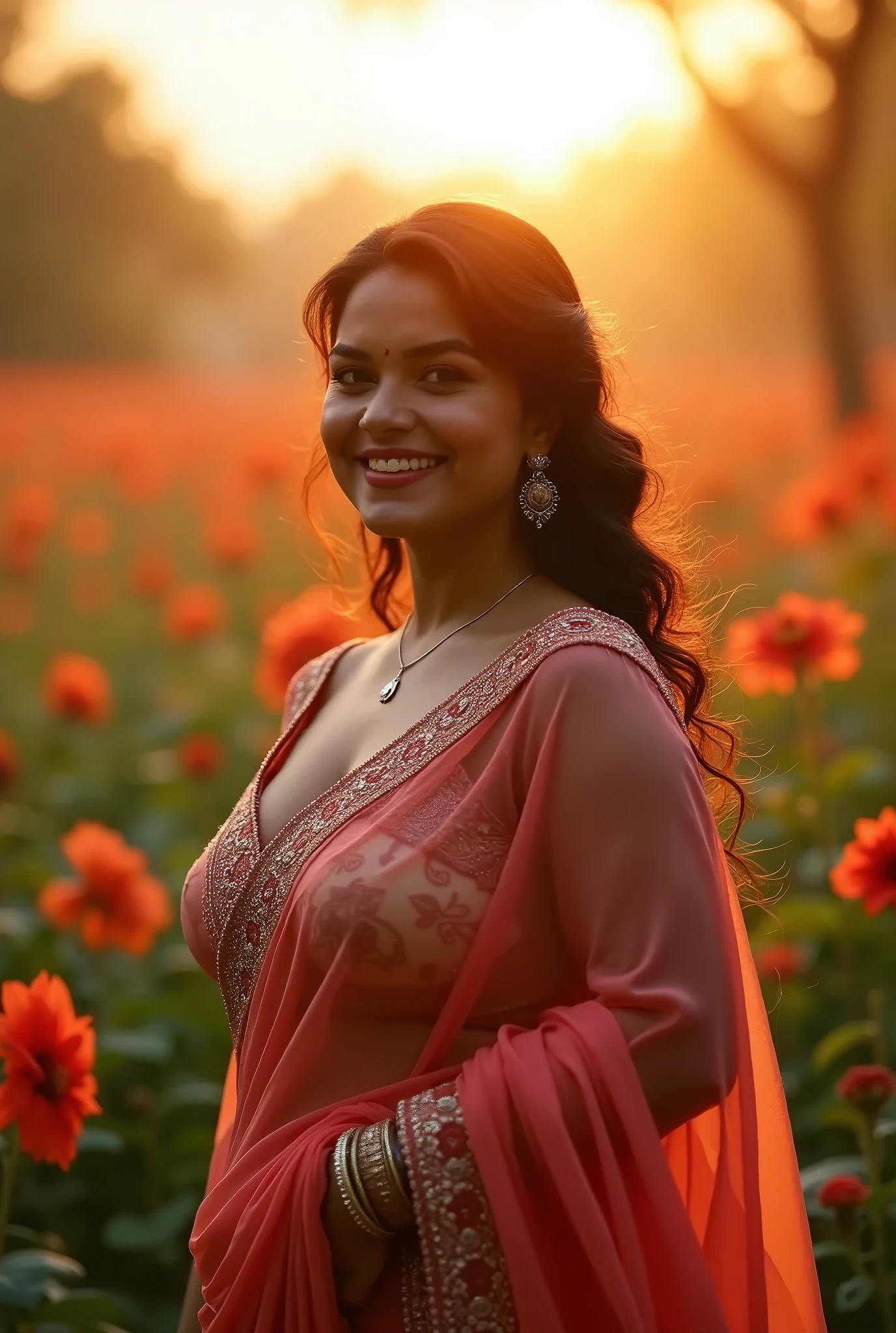 a very short and curvy voluptuous smiling Indian woman with huge saggy breasts wearing trendy gorgeous intricate traditional dress without bra at a royal palace flower garden during golden hour, warm backlit dreamlike atmosphere, soft cinematic focus, anamorphic lens flares, masterpiece, by Zack Snyder,

