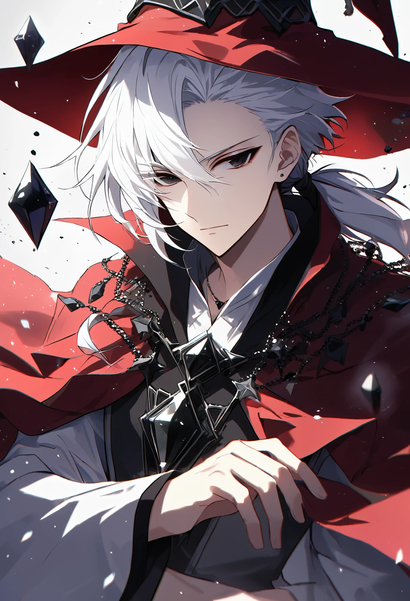 Solo, 1 male, white hair, low ponytail, black eyes, white shirt, black crystal necklace, red cloak, red point hat, wizard