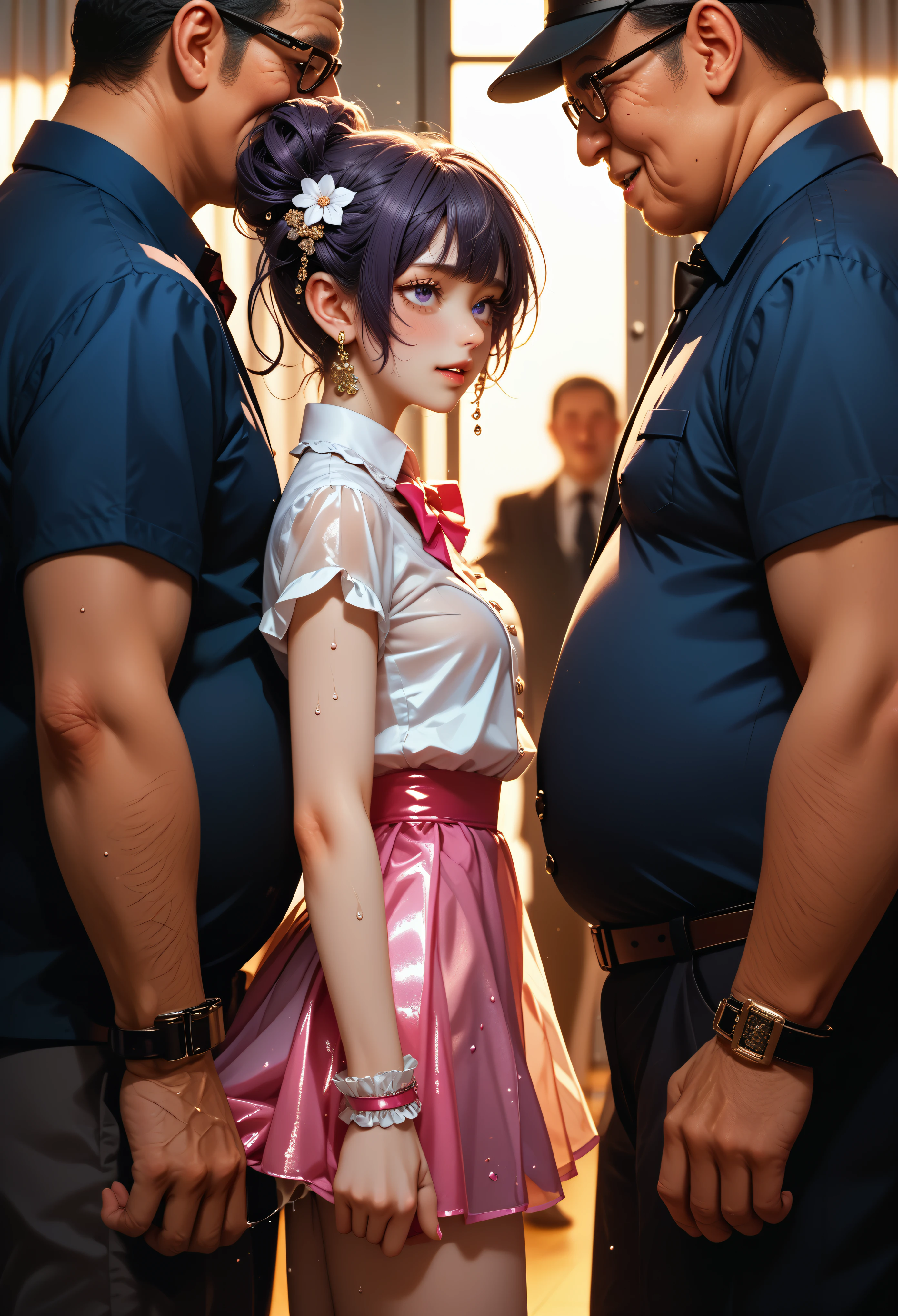 score_9, score_8_up, score_7_up, A cute korean age girl is on a date with a fat old man. The girl and the man have sex. The girl has idol hair, the girl has white skin, she is wearing a very see-through idol-style mini skirt dress, the man is wearing a dirty T-shirt, she is wearing idol dress, Modern Korea, after sex, backstage, dog-style, (She has a disgusted look on her face:0.5), (open clothing:0.5),