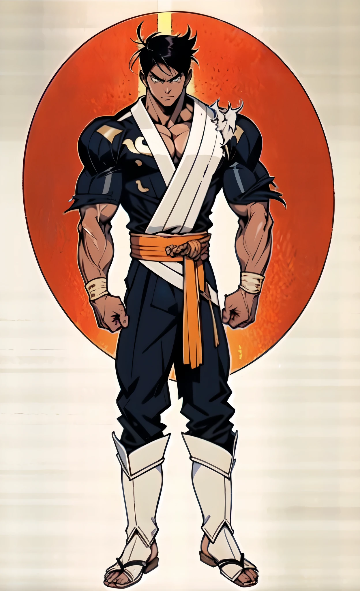 (masterpiece:1.2, best quality:1.2, extremely delicate:1.2), ((male:1.5)), a young man with a spiky upright black hair in the style of Akira Toriyama, parted bangs, raised eyebrows, sharp eyes, serious expression, tall and muscular build, dark skin, fantasy martial arts-style Southeast Asian outfit, a shirt, a diagonally draped Sabai, wide waistcloth, coarse fabric pants, tall boots, this character embodies a finely crafted fantasy martial arts style Southeast Asian fighter in anime style, exquisite and mature manga art style, dramatic, high definition, highres, ultra-detailed, ultra-fine painting, professional, perfect body proportions, golden ratio, anatomically correct, symmetrical face, extremely detailed eyes and face, high quality eyes, creativity, RAW photo, UHD, 32k, Natural light, cinematic lighting, (masterpiece-anatomy-perfect:1.2)