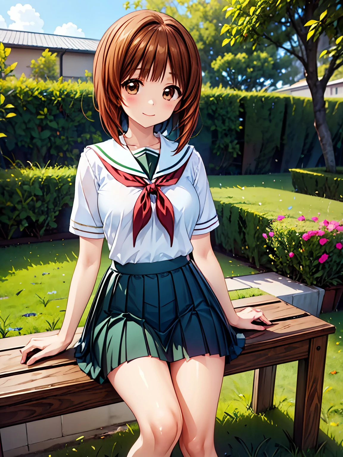 最High image quality, High image quality, High resolution, (Anime illustration style)、Nishizumi、Bobcut、Beautiful brown hair、Very detailed、garden,(uniform、skirt:1.3),　最High image quality、smile,(Genuine、Genuine志向、写真Genuine志向:1.5）、High resolution、超High resolution、Ultra High Definition Painting、Sitting, bench、ロングskirt、Cowboy Shot