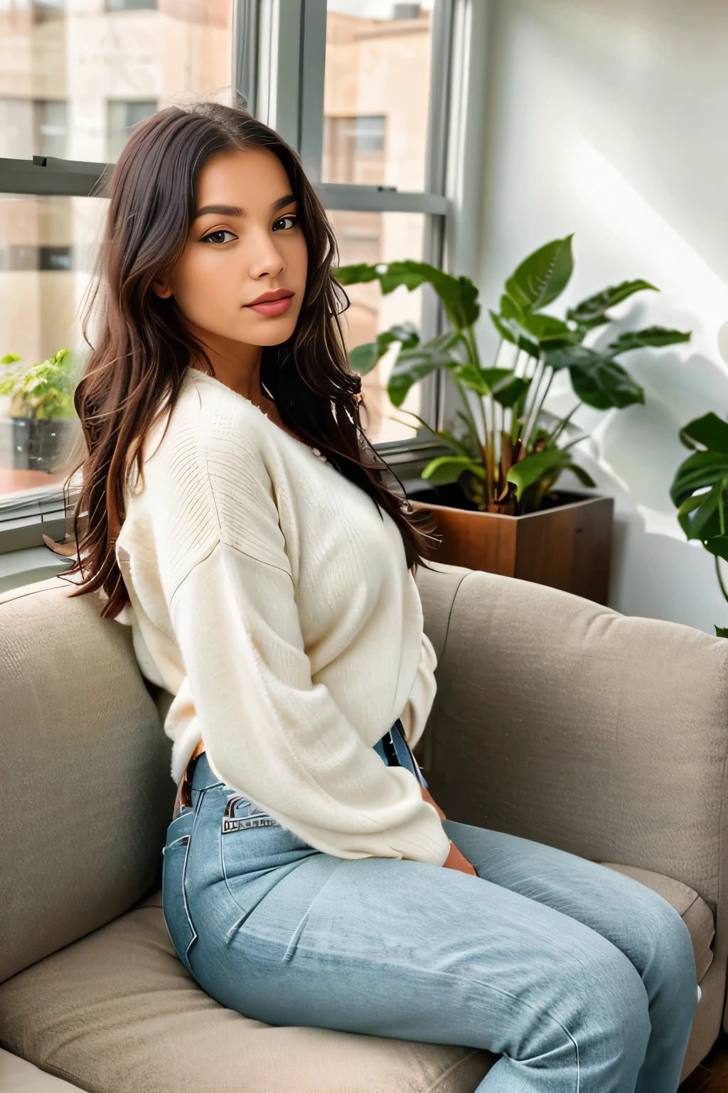 A beautiful woman lounges gracefully in her stylish, modern living room, surrounded by cozy decor. She sits on a plush sofa, dressed in elegant casual clothing—perhaps a chic sweater and jeans. Soft natural light filters through large windows, illuminating the space, which features minimalistic furniture, warm wooden tones, and a touch of greenery from indoor plants. The atmosphere is peaceful yet sophisticated, capturing a sense of refined home comfort and personal style