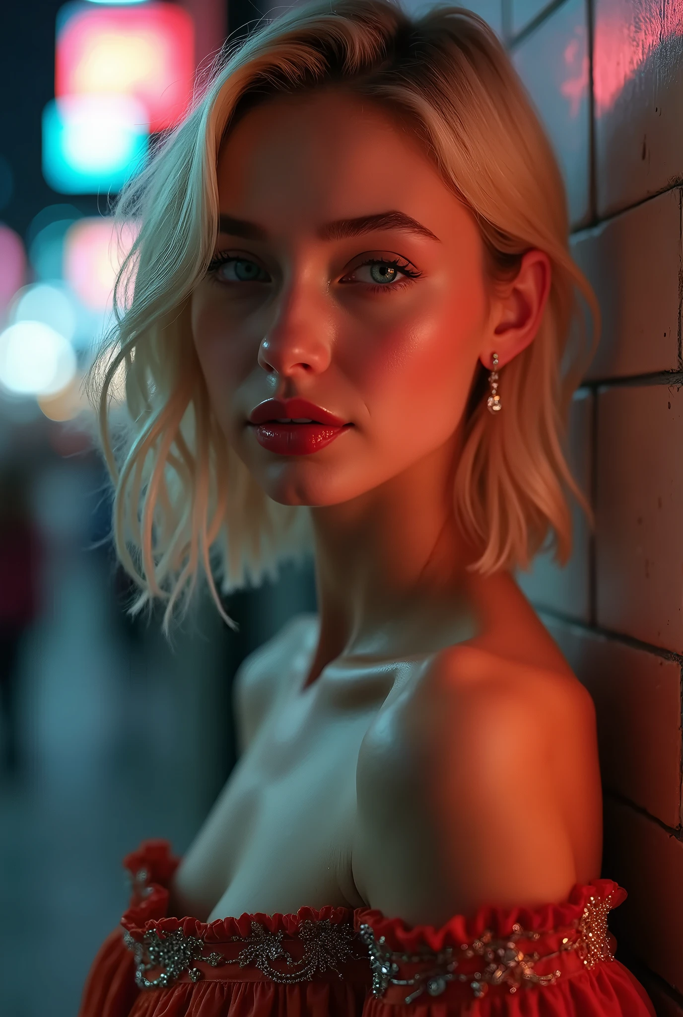 Very sexy 19 year old girl, solo, very blonde hair, hair tied, wearing wet tee-shirt, small perky breasts, wearing neck choke, pierced nipples, pierced nose, wrist accessories, full body shot, body focus, Detailed skin, Detailed Face, Detailed Lips, Detailed Eyes, dark make up, moody, textured skin, super detail lighting, street at night background, nsfw