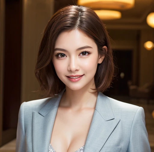 (8 k, Photos in RAW format, Highest quality, masterpiece, Realistic, photorealistic), (1 woman), (Supreme beauty), very detailed face, (perfect teeth), beautiful eyes, double eyelid, eyelash, smile, Lip details, Brunette Bob, The light shines on your face, big breasts, ((business leather suit)), ((upper body)), (background: Resort Hotel Lobby), ((Written depth limit))