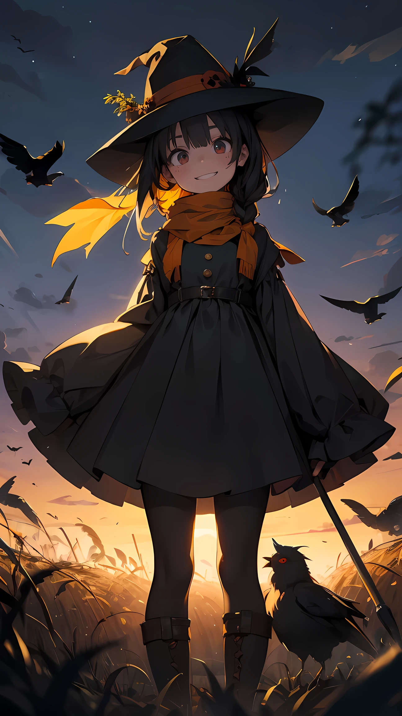 (masterpiece), detailed, weird, body horror, anime studio, Semi-Realism, horror theme, 1girl, demonic face, disturbing , creepy girl,  smiling creepily, ((scarecrow girl)), long hat, ((body from hay)), haystack, stitches, farm clothes, standing with crows, night time, moonlight, corn crops, carrying a shovel, ropes, festive, Halloween, horror, dancing, view from below, depth of field, 