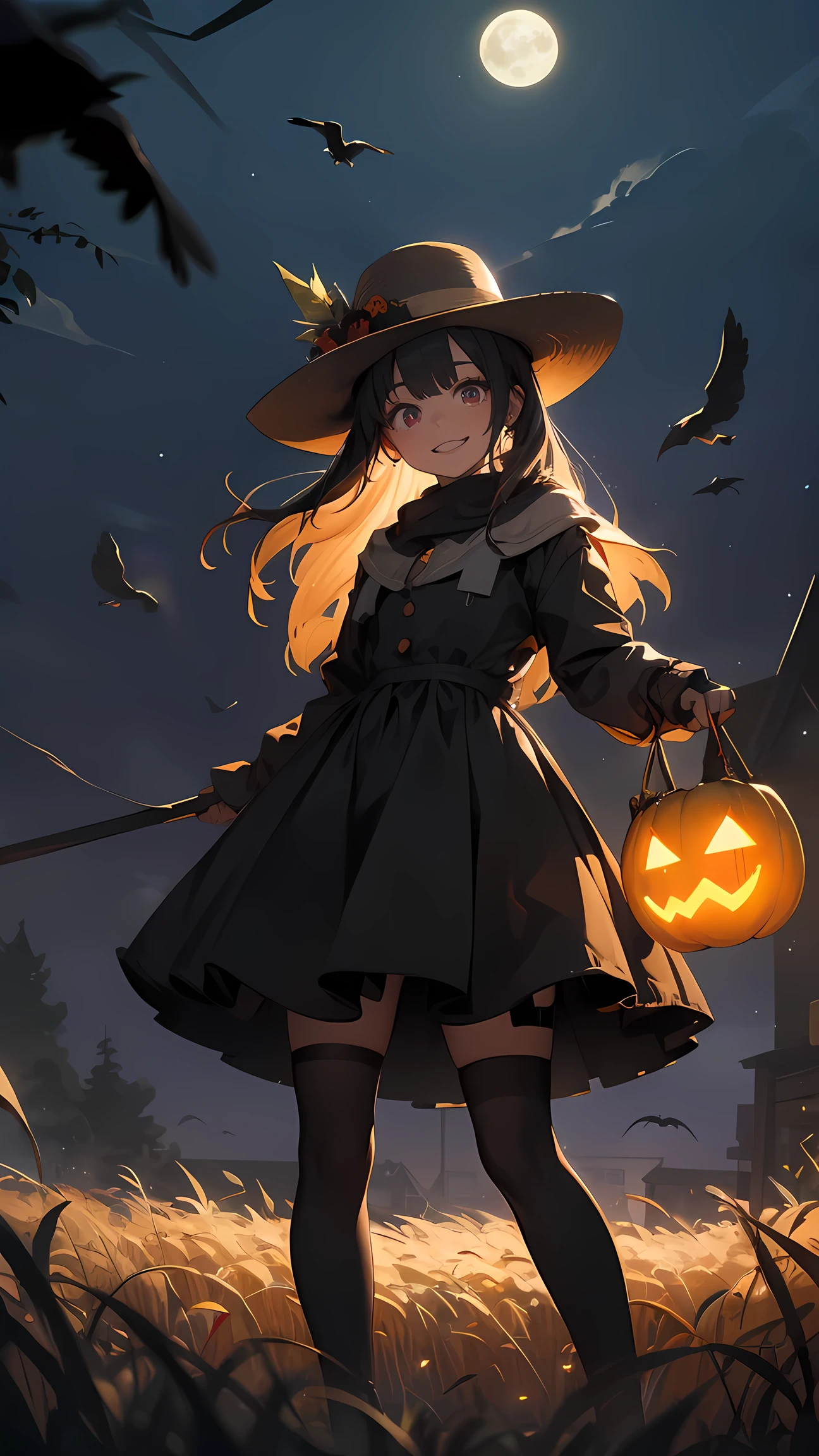 (masterpiece), detailed, weird, body horror, anime studio, Semi-Realism, horror theme, 1girl, demonic face, disturbing , creepy girl,  smiling creepily, ((scarecrow girl)), long hat, ((body from hay)), haystack, stitches, farm clothes, standing with crows, night time, moonlight, corn crops, carrying a shovel, ropes, festive, Halloween, horror, dancing, view from below, depth of field, 