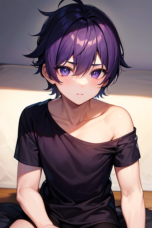 Downer handsome boy cat eyes piercings in both ears Short sleeve shorts illustration style Slender body naughty smile lying down