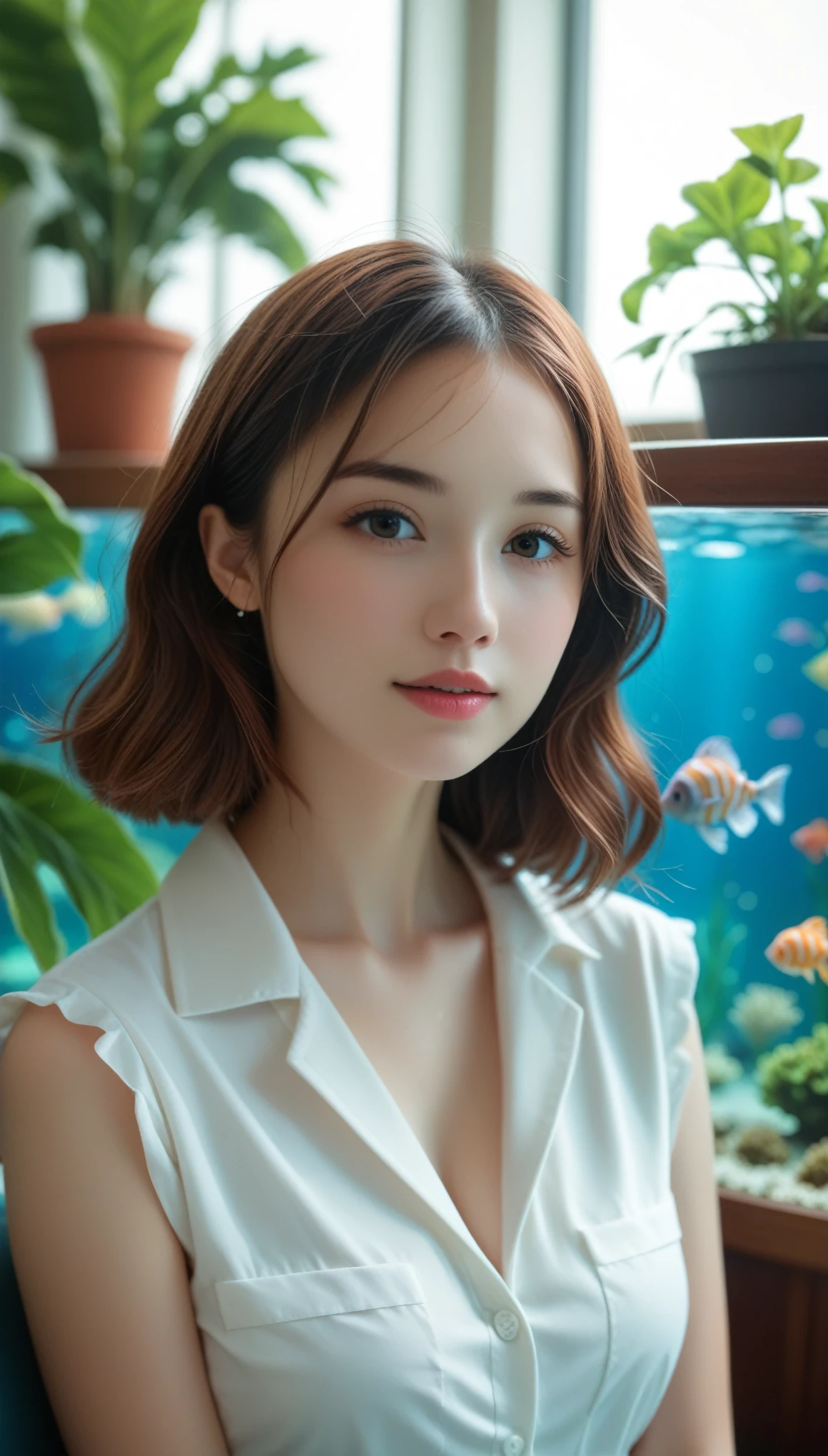 Portraiture、Miniature photo style、One Girl、Focus on the girl、Brown Hair、Shortcuts、(((Large aquarium、aquarium)))、Houseplants、Succulents、Beautifully laid out、完璧にBlurred Background、Well-coordinated room、Sit on a chair、Please redeem、Highest quality、Ultra-high resolution、Very detailed、８ｋ、Cinema Lighting、Professional photographer、Miniature、Blurred Background、