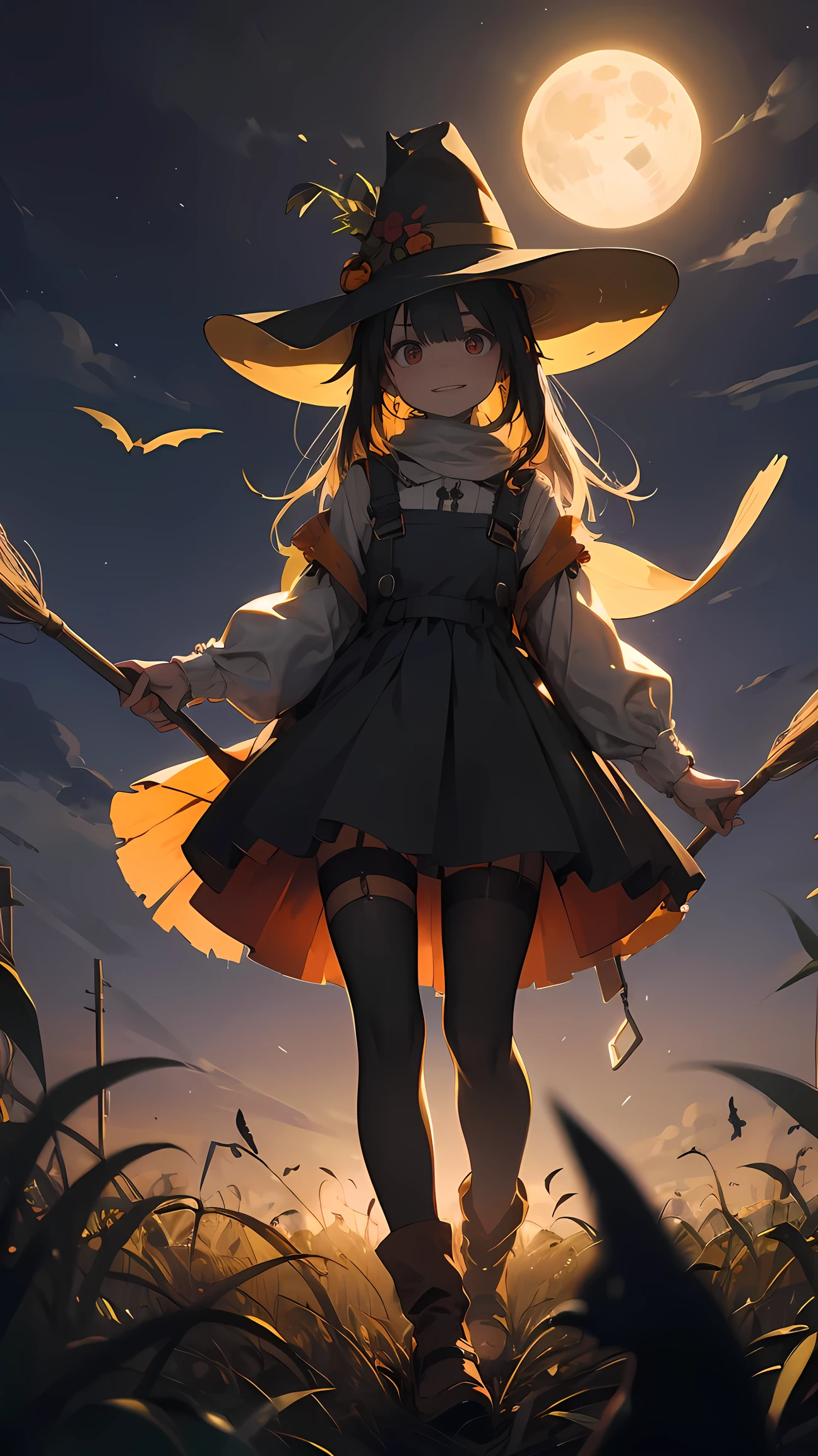 (masterpiece), detailed, weird, body horror, anime studio, Semi-Realism, horror theme, 1girl, demonic face, disturbing , creepy girl,  smiling creepily, ((scarecrow girl)), long hat, ((body from hay)), haystack, stitches, farm clothes, standing with crows, night time, moonlight, corn crops, carrying a shovel, ropes, festive, Halloween, horror, dancing, view from below, depth of field, 