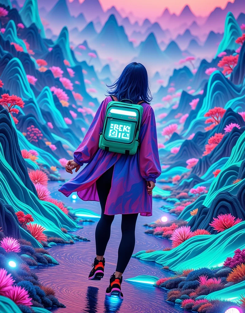 1girl, on the journey, close-up of the character, immersed in the three-dimensional landscape like a thousand-mile map of mountains and rivers, incorporating cyberpunk-style colors, fluorescent colors, movie lenses, and master composition