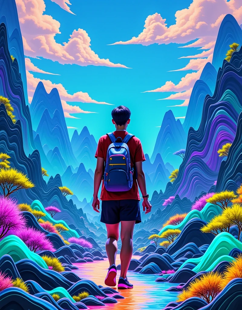 1boy, on the journey, close-up of the character, immersed in the three-dimensional landscape like a thousand-mile map of mountains and rivers, incorporating cyberpunk-style colors, fluorescent colors, movie lenses, and master composition