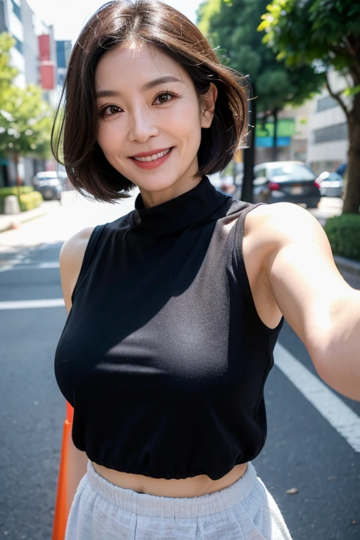 A MILF,A little ugly face,Beautie, Seductive smile、naughty expression、Heavy breathing,Full body shot, masutepiece, Best Quality, (Photorealistic:1.4), a photography of a beautiful woman, 3 point perspective, Smiling, red lipsticks、White powder on the face, Perfect face, Detailed face,underboob_The shirt,(lora:cropped shirt + underboob:1.0),Tank tops_Navel Denim Shorts:1.0.(standing nipple:0.8)、(a pixie cut_boyish),Outdoor photography_On the streets of the city、Daytime