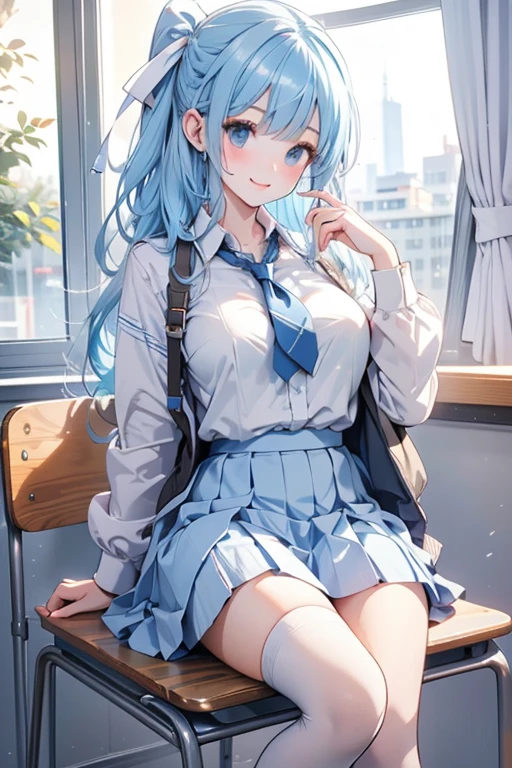 One girl, orange sleeves, Gray Hair, White skin, Light blue hair accessory, Blue suspenders, Blue clothes, Bright Blue Eyes, Barefoot, Double Knit