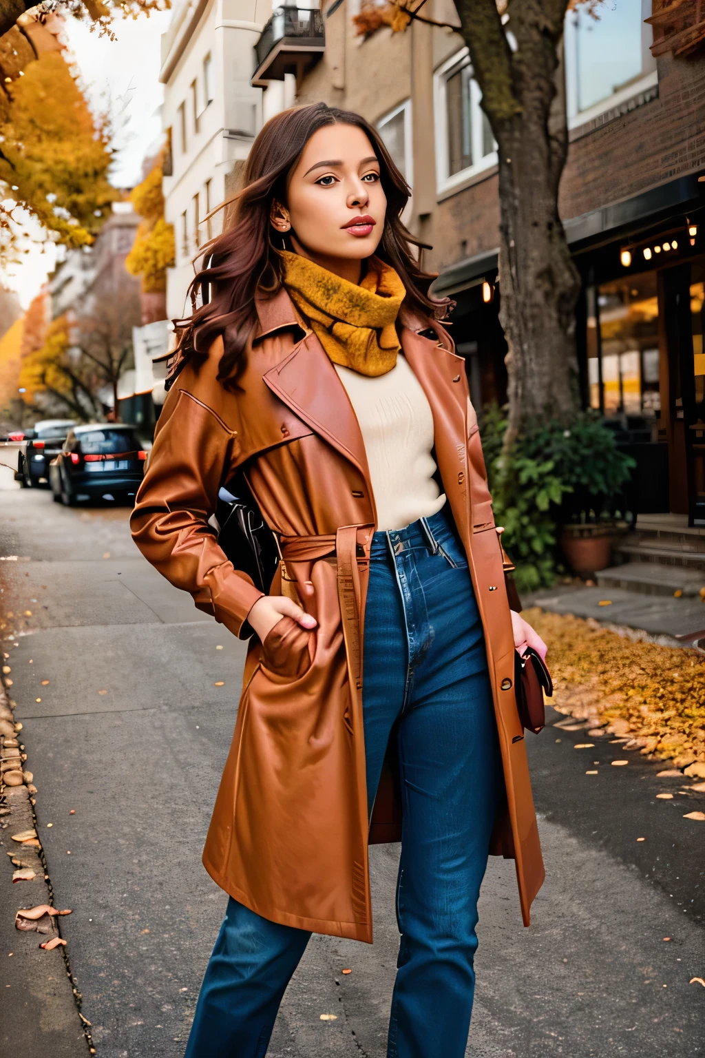 A woman stands on a street covered in colorful autumn leaves and wears a classic, beige trench coat, which falls loosely over a cozy turtleneck sweater in warm rust orange. She combines this with a slim-cut, dark blue jeans and ankle-high leather boots in a rich brown tone. To complete the look, she wears a scarf in muted autumn colors such as wine red and mustard yellow. In her hand she holds a brown leather shoulder bag, while the gentle autumn wind gently moves her hair. The scenery reflects the calm and cozy atmosphere of autumn.