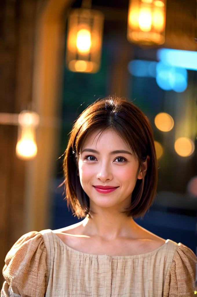 Highest quality、Japanese women、The most beautiful woman in the world、sexy、Brown Hair、Short Hair Style、Small face、Beautiful skin、night、Large breasts、Realistic、Black tank top、A big smile、look back